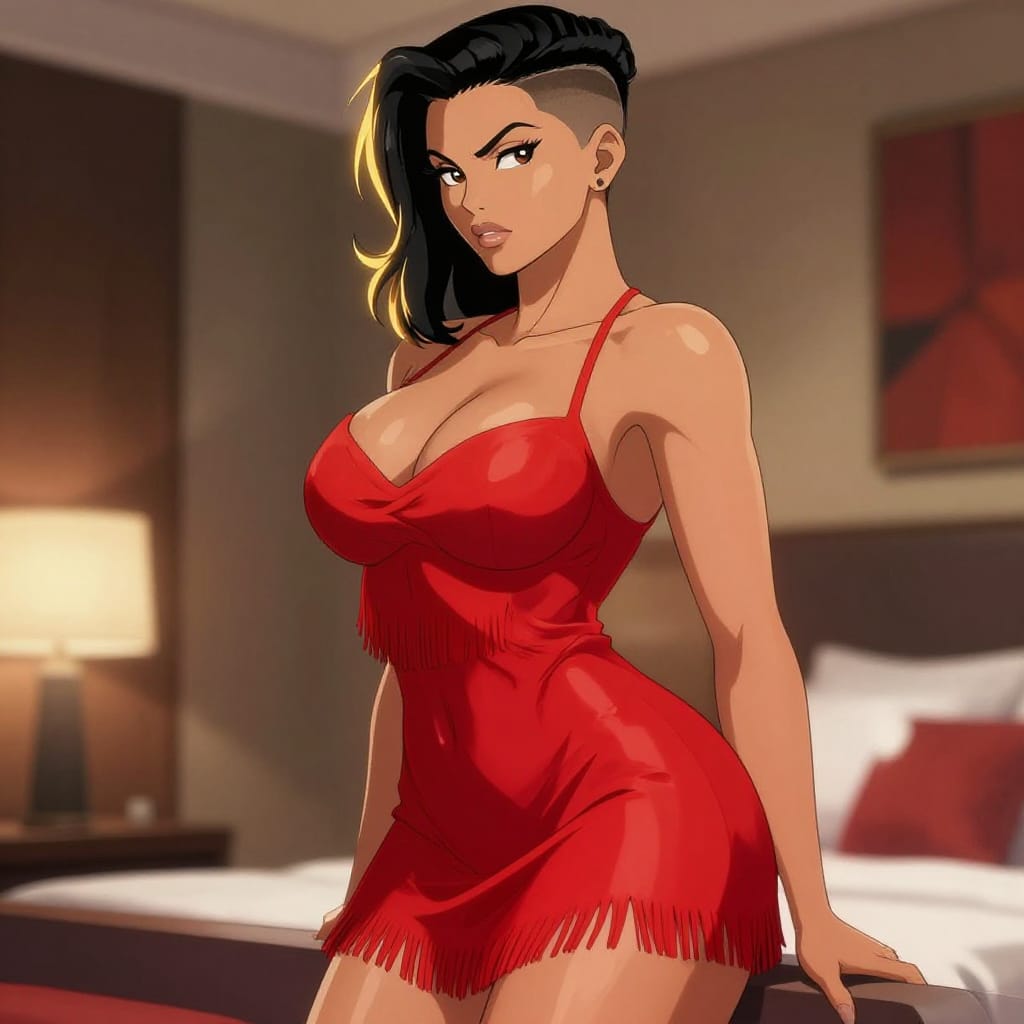 Medium shot anime-style digital illustration of a 25-year-old Fijian woman with athletic, fit body: slim waist, toned arms/shoulders, curvy hips. Her extremely large bust features full, defined cleavage and realistic weight, with strong, natural curves. She wears a backless red fringe mini dress with a plunging cowl neckline that reveals side boob and upper thigh. Her side part comb-over hairstyle with high fade adds dynamic movement. Crescent-shaped eyes are expressive and striking. The pose is a deep back arch, emphasizing her figure. Set in a modern hotel-like bedroom, the scene features soft, warm ambient lighting from a nearby lamp, casting gentle highlights on her skin and dress. Vibrant reds dominate the color palette, accented by golden tones in the hair and lighting. The digital illustration uses bold outlines, expressive features, and smooth gradients to convey elegance, confidence, and sensual grace.