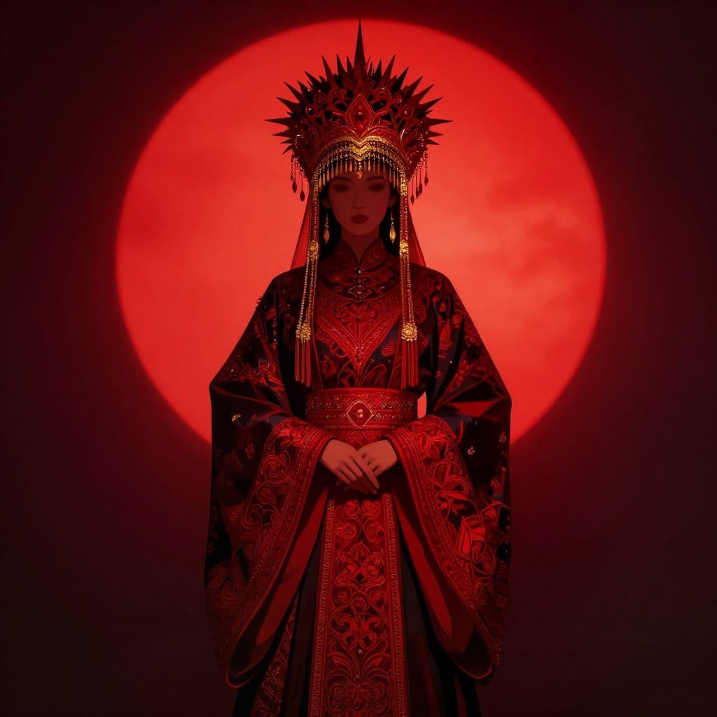 A person in traditional attire stands centered in a digitally rendered, two-dimensional scene. The subject wears ornate historical clothing featuring intricate floral patterns and a rich red sash that drapes elegantly over their torso. Their headpiece is elaborate, composed of spiky elements and cascading tassels in gold and deep red, giving it a regal, mythic quality. The background is dominated by a massive, glowing red circle—perhaps a sun or moon—that radiates light and casts dramatic shadows across the subject, creating a strong focal point. The composition is balanced and formal, with the subject’s hands clasped in front, adding to the sense of composed dignity. The lighting is dramatic and stylized, with the red circle emitting intense illumination that highlights the textures of the clothing and headpiece while casting deep shadows into the surrounding space. The color palette is rich and contrasted: deep reds dominate the subject and circle, with black and gold accents defining patterns and highlights. The digital illustration features a flat, two-dimensional surface with precise, stylized brushwork that emphasizes texture—such as the woven fabric of the sash, the embroidered patterns on the clothing, and the intricate details of the headpiece. The overall atmosphere is one of elegant mystery and fantasy grandeur, evoking a sense of ancient power and mythic significance through its rich colors, detailed patterns, and dramatic lighting.