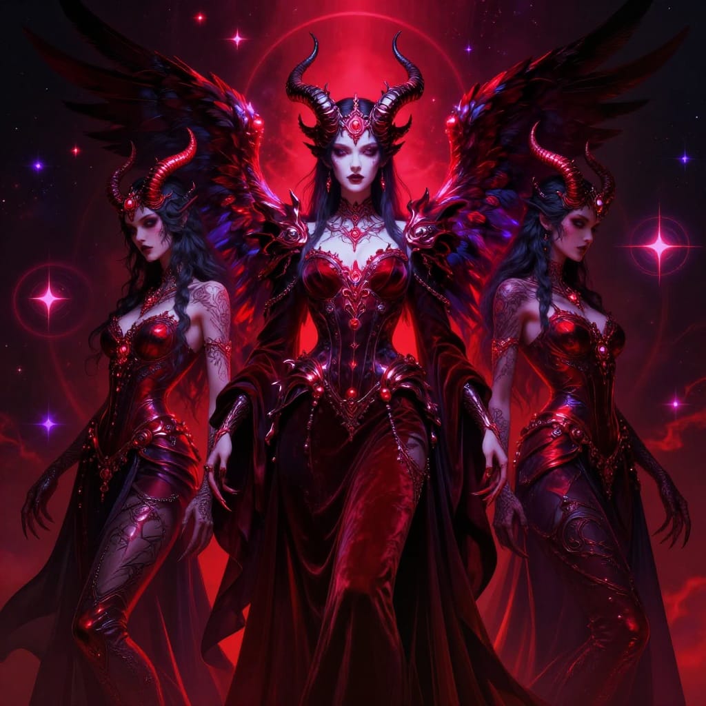 A digital art composition of a group of demonic female figures rendered in a smooth, polished digital surface with hyper-detailed textures. The central figure stands elevated as regal leader, her dark velvet and metallic-trimmed costume flowing with intricate horns, feathered wings, and glowing sigils that pulse with inner light. Flanking her are two other figures whose bodies are adorned with ornate tattoos, clawed hands, and elaborate jewelry that glimmers under high-contrast lighting. The background is a cosmic void punctuated by glowing neon circles in shades of red and purple, interspersed with floating stars that cast luminous halos across the scene. The lighting is dramatic and high-contrast, emphasizing deep reds and blacks to create intense shadows and radiant highlights that define every curve of hair, fabric fold, and metallic accent. The color palette consists of rich reds, deep blacks, soft whites, and deep purples, enhanced by subtle gradients and neon glows that add depth and mystery. The brushwork is detailed and precise, with fine lines defining hair, fabric, and metallic textures, while the background stars and circles are rendered with soft, glowing edges. The composition is balanced, with the central figure as the focal point, flanked by two others in dynamic symmetry. The artistic style blends surreal elegance with eerie mysticism, evoking a sense of cosmic power and hidden dread. The overall feeling is powerful, mysterious, and evocative—a moment suspended between divine authority and shadowed dread, where beauty and terror coexist in perfect balance.