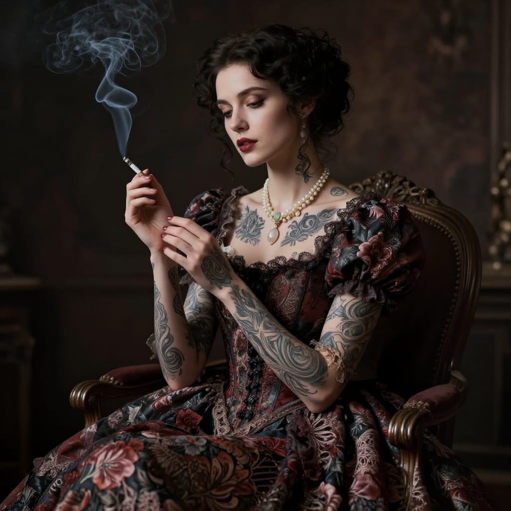 A high-detail photographic portrait of a woman in a Victorian-style dress adorned with intricate floral patterns and delicate lace, seated gracefully on an ornate chair. Her hands cradle a cigarette and a small object, with smoke rising from the cigarette to create dynamic movement and depth. Her arms and torso are covered in detailed tattoos featuring swirling patterns that resemble water or flame, rendered with lifelike precision. The subject is centered in the frame, her serene expression radiating quiet confidence. The image is captured on a dark, slightly textured background that enhances the contrast and atmosphere. Dramatic lighting from a single soft source illuminates her face and the dress, casting gentle shadows that accentuate the texture of her lace and the depth of her tattoos. The color palette is rich with muted tones—deep browns, blacks, and deep reds—punctuated by the lighter tones of the floral lace and the soft white of her necklace. The Victorian Gothic style is evident in the intricate detailing of the dress, the ornate chair, and the atmospheric quality of the scene. The overall feeling is one of mysterious allure and timeless elegance, blending the past with a subtle modern edge through the smoke and soft lighting.