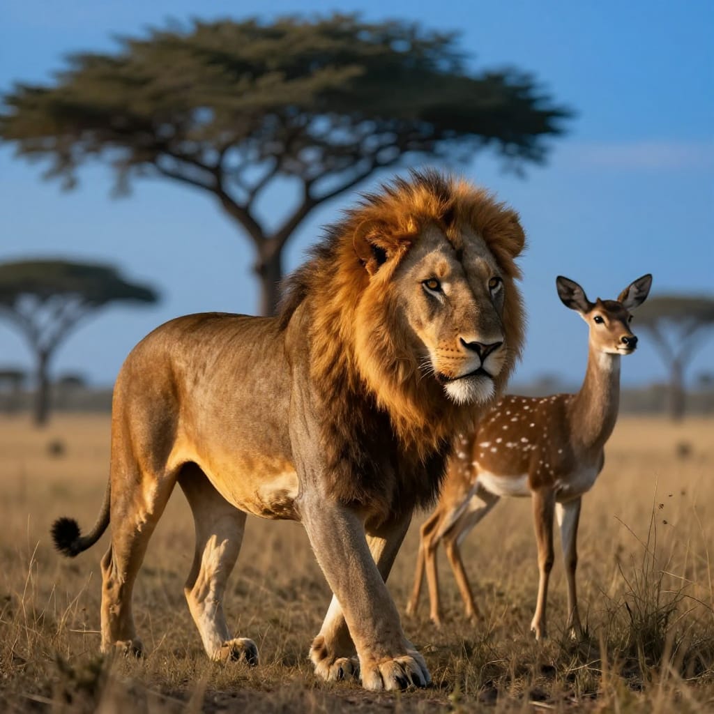A majestic lion and a deer are depicted in a serene savanna setting, with the lion positioned in the foreground as a dynamic figure walking forward, its regal mane flowing and eyes filled with power. The deer stands slightly behind, calm and alert, its alert posture capturing quiet observation. The composition emphasizes depth through layered perspective: the lion dominates the midground, while the deer occupies the slightly distant foreground, with a tall acacia tree silhouetted in the background under a vast blue sky. The artwork is rendered in hyperrealistic digital art on a digital canvas, showcasing lifelike textures: the lion’s thick, sun-kissed fur with subtle highlights from golden light, the deer’s fine, soft coat showing natural sheen, and the delicate imperfections of skin and muscle in both subjects. Lighting is soft yet directional, casting warm golden highlights across the lion’s mane and the deer’s forehead while leaving gentle shadows that define form without harshness. The color palette is earthy and harmonious: deep browns and tans for the lion’s coat, a warm ochre for the deer’s hide, and the cool blue of the sky contrasting with the golden light. The overall feeling is one of serene coexistence—awe-inspiring power meets quiet grace under the vast African sky, evoking a sense of timeless harmony in the wild.