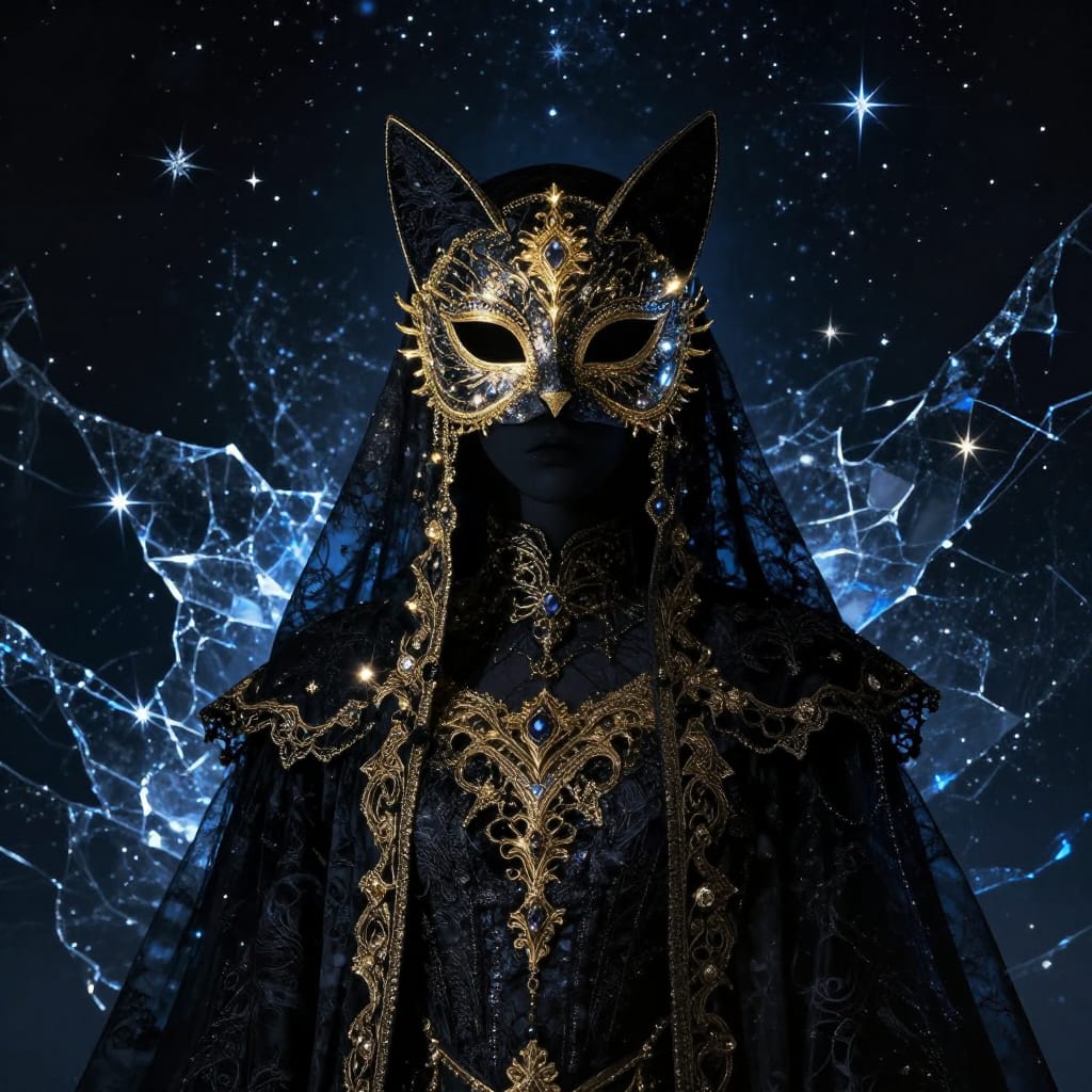 A digital painting of a mysterious figure in a dark, ornate costume adorned with intricate gold embroidery and a cat-like mask featuring glowing golden embellishments. The costume is detailed with layered textures, including delicate lace patterns and metallic filigree accents. The figure stands slightly off-center in the foreground, positioned against a vast starry background where stars are scattered like scattered jewels, with a fragmented, icy pattern resembling shattered glass or ice crystals that glow faintly in blue and white hues. The lighting is dramatic and cinematic, casting sharp highlights on the mask and costume edges while creating deep shadows that enhance the figure's enigmatic presence. The color palette is dominated by black, gold, and deep blue, with subtle starlight reflections adding a sense of movement and depth. The overall atmosphere is mysterious, dramatic, and otherworldly, evoking a sense of hidden power and cosmic presence through intricate details, layered textures, and atmospheric depth.