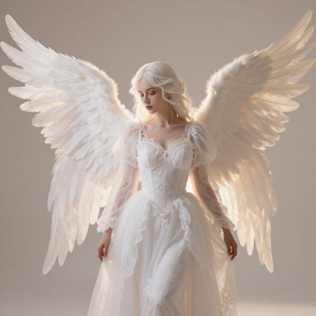 A subject in a white, intricately detailed outfit featuring delicate lace and hand-embroidered patterns, positioned at the center of a plain, light-colored studio backdrop. The subject is adorned with large, feathered angelic wings that extend beyond their body, creating a balanced, symmetrical composition. The image is captured in high-resolution photography with a surreal and dreamlike quality, emphasizing soft lighting and gentle shadows that enhance the ethereal atmosphere. The lighting is diffused and warm, originating from a single key source that casts subtle highlights across the subject’s skin and fabric, creating a serene glow on the wings' feathers. The color palette is monochromatic, dominated by white with soft tonal variations in shadow and highlight, adding depth without color contrast. The subject’s pose is gentle and poised, conveying tranquility and purity. The overall feeling is one of quiet wonder, where the combination of intricate detail, soft lighting, and the presence of wings evokes a sense of transcendence and serene beauty.
