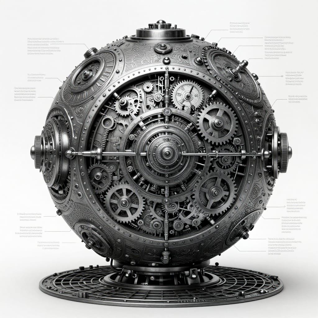 A highly detailed steampunk-style mechanical sphere rendered in monochromatic grayscale with precise tonal gradients of black, white, and gray. The artwork features an intricate central dial composed of interlocking gears, valves, and cogs, each component meticulously detailed to convey mechanical complexity. A network of labeled parts surrounds the sphere, including rotating dials, brass connectors, and engraved markings in fine script, providing scientific context and function. The sphere rests on a circular, grid-patterned base composed of interconnected brass plates and copper wiring, emphasizing order and precision. The surface is textured with a high level of detail in the mechanical parts—rivets, rivet heads, and engraved patterns—creating a tactile realism. The composition centers the sphere as the focal point, with labels and descriptions arranged symmetrically around it to enhance clarity and thematic focus. Even, neutral lighting illuminates the entire scene without harsh highlights or shadows, allowing the textures and details to emerge clearly. The overall atmosphere is one of scientific precision and mechanical wonder, evoking curiosity and respect for engineering ingenuity through its intricate design, deliberate craftsmanship, and richly layered visual storytelling.