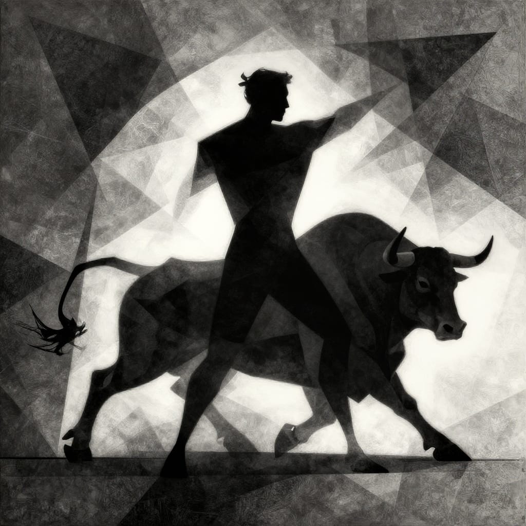 A silhouetted bullfighter and bull depicted in an abstract geometric style, with dynamic contrast between the figures and a textured background. The bullfighter, stylized in minimalistic lines of sharp angularity and flowing curves, stands poised in a dynamic pose of motion, his form defined by clean outlines against the dark silhouette. The bull, larger and more detailed, crouches with powerful tension, its form breaking into geometric patterns of muscle and movement. The composition is layered and balanced, emphasizing geometric forms such as triangular silhouettes, intersecting lines, and overlapping planes that create a sense of depth and rhythm. The medium is a digital illustration or print on paper or canvas, featuring visible brushstrokes or digital texture that enhance tactile depth through subtle grain or digital grain effects. The color palette is monochromatic, using deep blacks, sharp whites, and subtle grays to emphasize contrast and dimension, with the silhouettes glowing in stark relief against a muted, textured background of geometric patterns. Lighting is even and diffused, creating a sense of stillness yet energy through shadow play and silhouetted clarity. The overall feeling is intense and dramatic, capturing the raw power and tension of bullfighting through geometric abstraction, silhouetted drama, and dynamic composition.