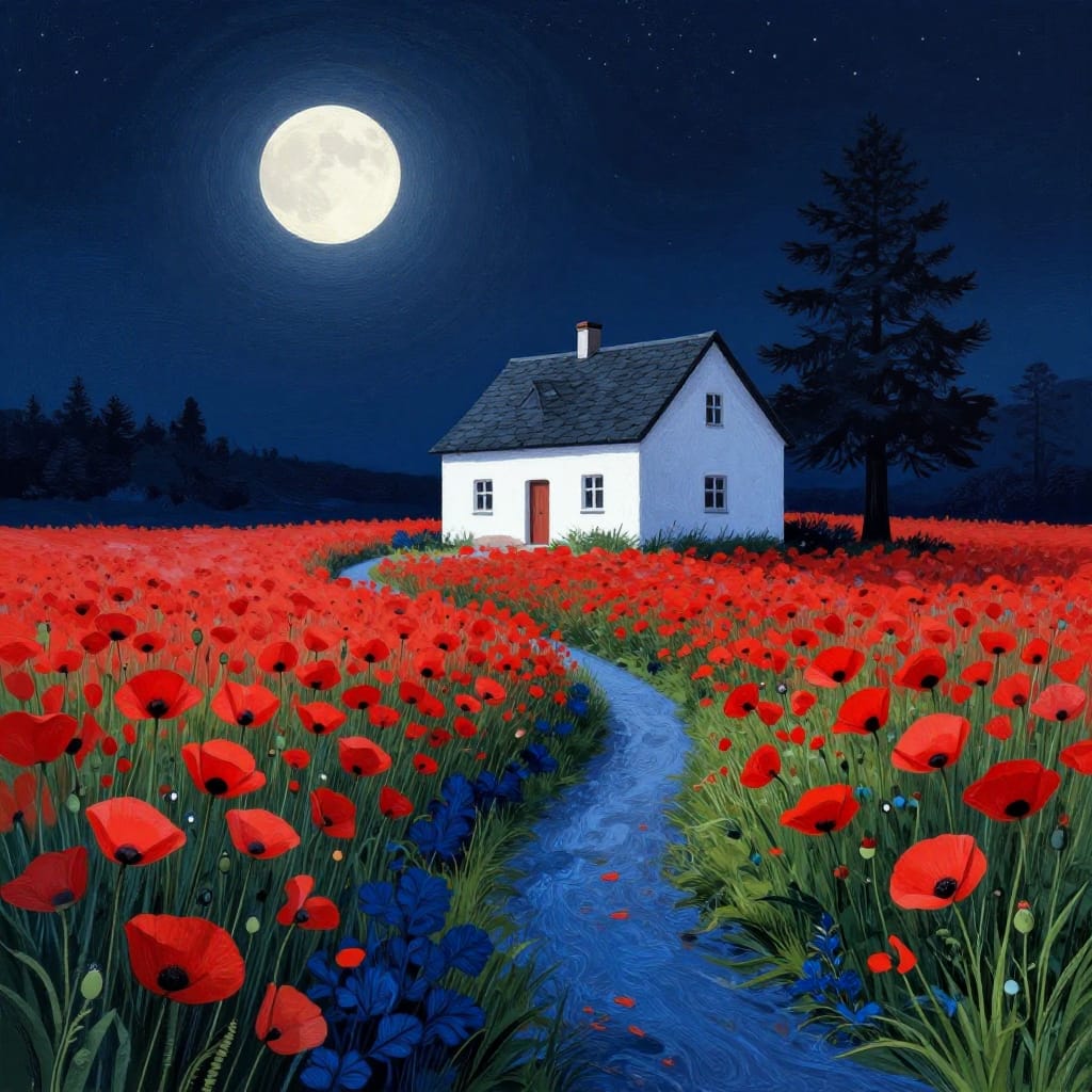 A serene rural house at night rendered in a detailed illustrative style on textured paper. The white house with a dark slate roof stands confidently in the center, its silhouette softened by the gentle glow of a full moon. Surrounding it is a vast field of vibrant red poppies, densely packed and bursting with life, their petals glowing under a starry night sky. A narrow blue path winds through the field, bordered by dark blue shrubs on either side and a tall, dark evergreen tree to the right. The composition is balanced and harmonious, with the path leading the eye toward the house, which is framed by lush green grass on either side. The lighting is soft and diffused, emanating from the moon and stars that pierce the dark canvas, creating a dreamy, tranquil atmosphere. The color palette features bold reds and whites in the flowers and house, set against deep blues and blacks of the sky and background, producing a striking visual contrast. The brushwork is precise and detailed, with clean lines and bold outlines defining forms, while the flat illustration style emphasizes flat color blocks and high contrast. The overall feeling is one of peaceful solitude, enhanced by a touch of whimsy and fantasy through the stark yet harmonious contrast between bright reds and dark night. The artwork evokes a sense of quiet magic and timeless tranquility, perfect for a dreamy, nostalgic night.