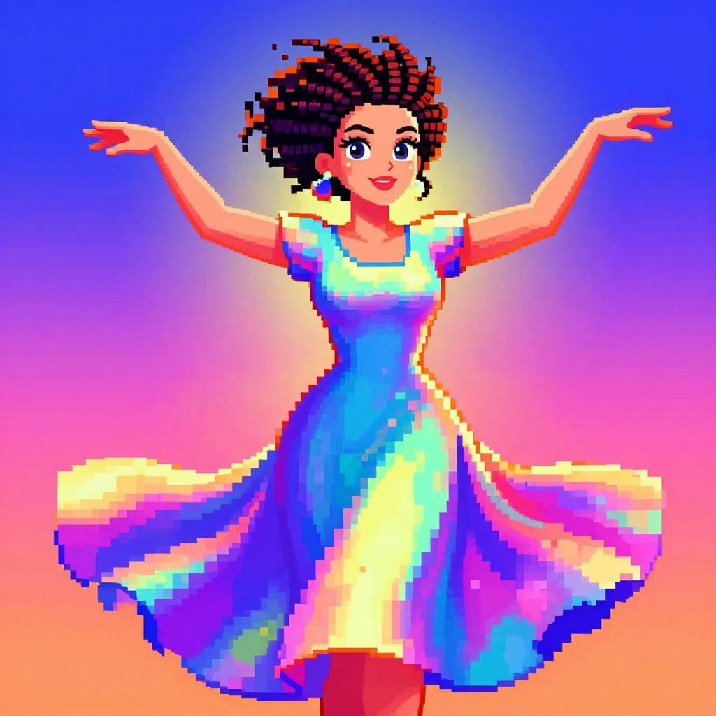 A medium shot of a 45-year-old Estonian woman with richly textured cornrows and large expressive eyes, twirling gracefully in a flowing, iridescent dress that shimmers with vibrant 16-bit color gradients. Her arms are outstretched in a dynamic pose, arms bent at the elbows with fingers splayed, capturing motion and energy. The scene is rendered in retro game art style: pixelated sprites with crisp vector outlines, limited but vivid 16-bit palettes featuring electric blues, fiery oranges, and soft pinks. The background is a smooth, gradient-filled digital canvas with subtle retro pixel noise for texture. Soft, warm lighting bathes her face and dress in a golden glow, enhancing the nostalgic warmth of the composition. The overall feeling is joyful, playful, and deeply nostalgic, evoking the timeless charm of classic video games and retro fantasy aesthetics.