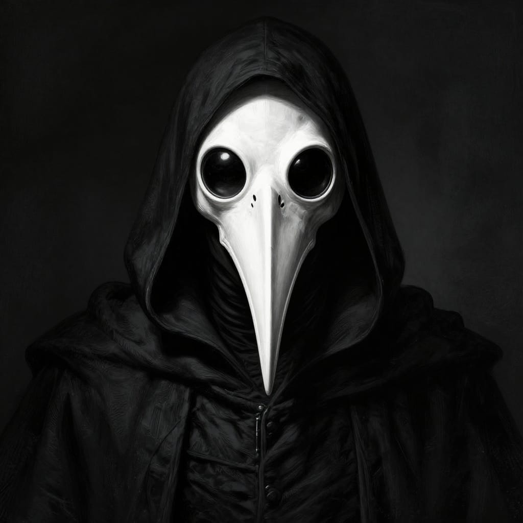 A historical plague doctor figure stands centered in a dark, monochromatic composition rendered in detailed digital illustration with precise brushwork. The subject wears an iconic mask featuring a long, curved beak and large, circular eye lenses, with the beak’s texture and the lenses’ reflective surfaces emphasized for symbolic depth. The mask’s bright white contrast against the dark hood creates a stark visual focal point, evoking the eerie atmosphere of the Black Death era. The figure is dressed in a dark, layered hooded robe with intricate fabric folds and shadow play, isolating him from the background. Dramatic lighting from a front-facing source casts deep shadows across the mask and garment, enhancing three-dimensionality. The color palette is dominated by black and charcoal gray, punctuated by the bright white of the mask, creating high contrast and moody intensity. The composition is tightly focused on the mask and hooded figure, with no distractions, reinforcing the historical significance and symbolic weight of the scene. The overall feeling is one of timeless mystery, historical gravitas, and a haunting sense of dread associated with the plague doctor’s role in history.