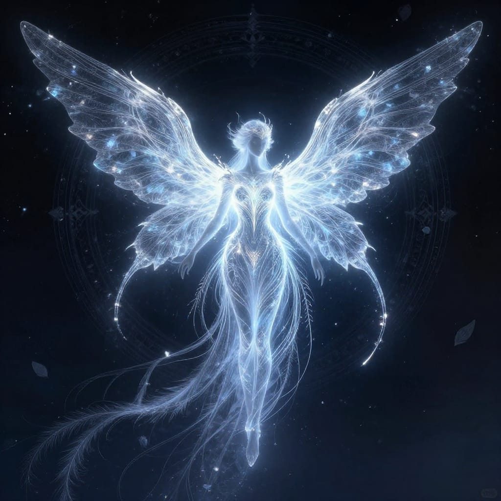A celestial being with expansive, intricately detailed wings and a slender, flowing body, rendered in fantasy art with a dark, mystical ambiance. The figure's wings are large and crystalline, featuring delicate lines that catch light to create a luminous glow, while the body is adorned with intricate geometric patterns and subtle textures. A long, flowing tail resembling cascading leaves or feathers extends behind, adding to the ethereal motion. The subject is set against a dark, starry background punctuated with floating leaves and a circular, abstract pattern that enhances the mystical atmosphere. The lighting is soft and atmospheric, with a gentle glow emanating from the wings that highlights their intricate details and creates a sense of depth. The color palette is dominated by deep blues and blacks, with the subject illuminated by a soft, cool blue light that contrasts the dark background and draws the eye to the luminous figure. The brushwork or digital detailing is highly intricate, with fine lines, subtle shading, and a sense of layered depth that gives the wings and body a three-dimensional quality. The composition is centered, with the wings and tail extending outward in balance, while the background elements are carefully integrated to create harmony and depth. The overall feeling is one of tranquil serenity and otherworldly mystery, evoking a sense of awe and wonder in a dreamlike celestial realm.