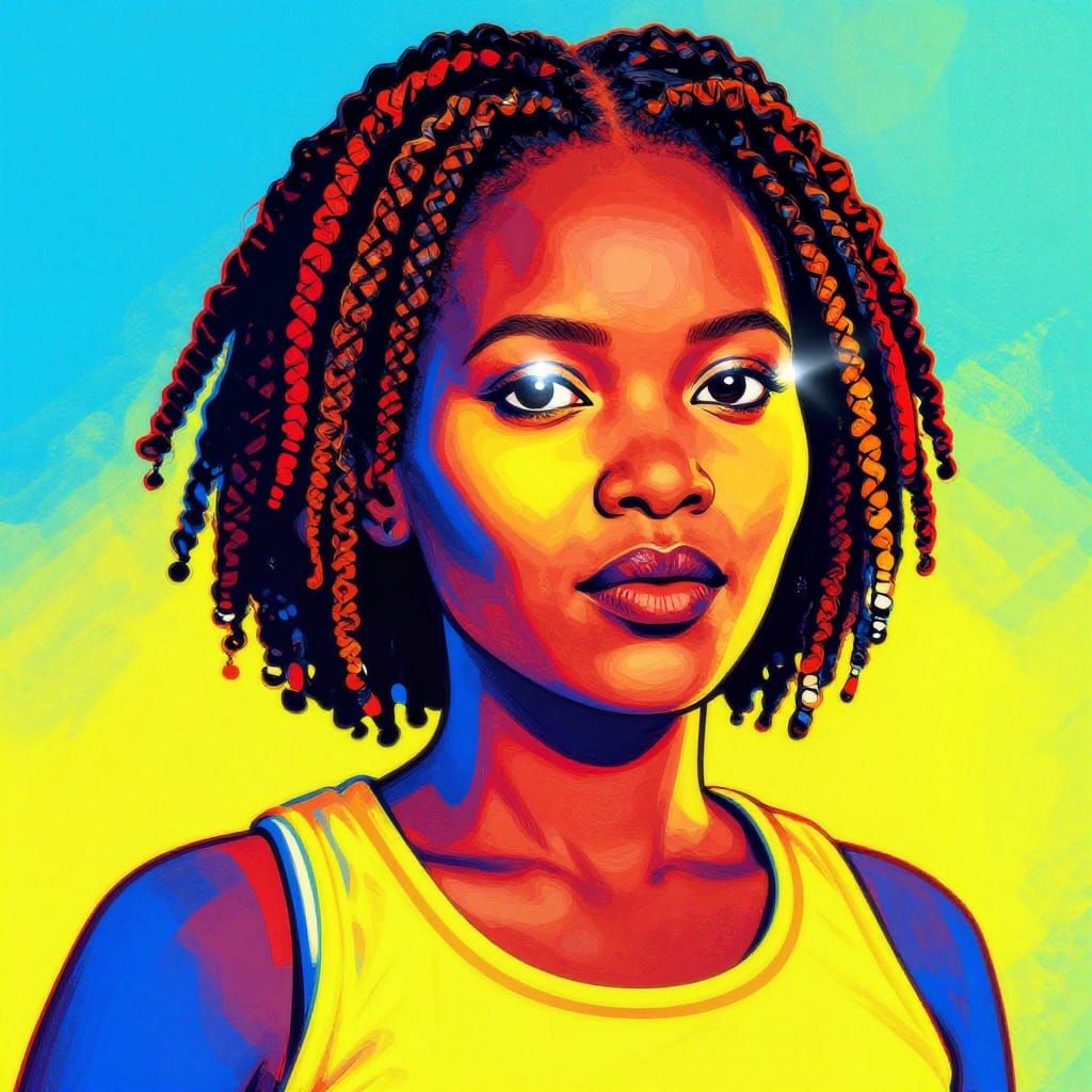 Close-up pop art illustration of a 50-year-old Mosotho woman with medium-length Senegalese twist hair and large, expressive eyes, wearing athletic wear. Rendered on a high-resolution digital canvas with a textured matte surface, the artwork features bold primary colors (electric blue, vibrant red, lemon yellow) and graphic flat shading to emphasize facial contours and fabric texture. The composition is dynamic, with a dramatic highlight on the eyes and hair creating a luminous pop effect. The style combines vibrant color saturation, clean line work, and stylized silhouettes characteristic of pop art, evoking energy, cultural fusion, and youthful vigor.