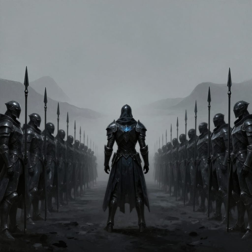 A digital painting on canvas depicting a lone dark, armored figure standing in the foreground, facing a symmetrical line of identical, similarly armored figures holding spears. The setting is a desolate post-apocalyptic landscape with distant mountain ranges under a pale, overcast sky. The composition is perfectly balanced, with the lone figure positioned slightly right of center and the line of figures stretching diagonally to the left. The background is minimalist, emphasizing vast empty spaces and muted tones to heighten the sense of symmetry and repetition. Lighting is soft and diffused, casting subtle shadows that highlight the reflective surfaces of the polished steel plates while maintaining a uniform, low-contrast illumination. The color palette is monochromatic, dominated by deep grays and blacks, with a subtle hint of cool blue in the central figure's armor to add depth without distraction. The brushwork is smooth and precise, focusing on the reflective quality of the polished steel plates and the minimalist depiction of each figure’s armor, which features overlapping plates and subtle geometric patterns. The overall atmosphere is majestic and somber, evoking a sense of authority, quiet power, and a quiet foreboding in the stillness of the scene.
