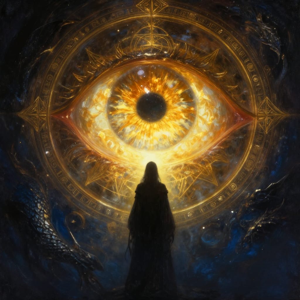 A colossal, glowing eye with a radiant golden iris and deep black pupil rests within a circular portal frame, its luminous surface capturing light like liquid gold and casting a warm halo across the surrounding space. The eye’s reflective quality creates a mirror-like sheen, while its frame is rendered in intricate geometric patterns suggesting ancient celestial design or cosmic symbolism. A figure in dark, flowing attire stands in awe in the foreground, eyes wide with reverence, their form silhouetted against the glowing eye. To the side looms a dragon-like creature with scales of deep shadow and faint metallic sheen, its weathered texture adding tension and scale to the composition. The artwork is a digital painting on canvas, blending fantasy, surrealism, and cosmic art styles through layered textures and luminous depth. The brushwork is detailed and textured, emphasizing the eye’s luminous surface, the frame’s intricate geometric patterns, and the dragon’s weathered texture. Lighting is dramatic, with strong contrasts between the warm golden glow of the eye and the deep darkness of the background, punctuated by scattered stars and a smoky atmosphere that enhances depth and mystery. The color palette features dark blues and blacks in the foreground and midground, with the eye’s golden hue providing stark contrast and warmth. The overall feeling evokes awe, wonder, and the sublime majesty of the unknown, capturing a moment of revelation and cosmic grandeur.