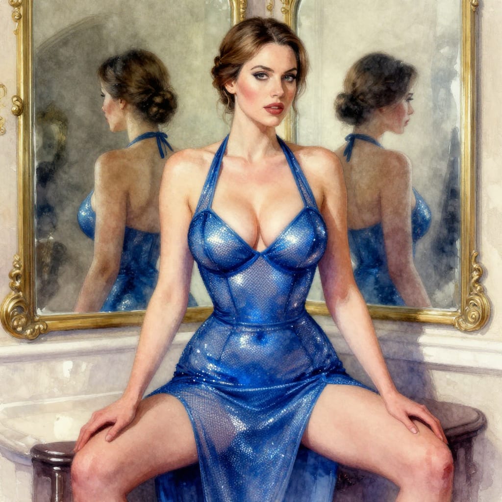 Counter Profile Shot Depicts a 25-year-old Irish woman with curvaceous and voluptuous body (ample hips, curvy waist, full bust, strong cleavage, shapely curves), medium crown braid with low bun (medium) hair, wide eyes. Wearing a blue Luminous Mesh Halter Dress: This dress is a masterpiece of modern elegance, featuring a shimmering mesh fabric that catches the light in all the right places. The halter neckline is both daring and sophisticated, accentuating the décolletage and shoulders. The fitted silhouette hugs the body, revealing a hint of the midriff and accentuating the waistline. The skirt is a daring mini length, with a slight slit on the side that allows for a peek of the upper thigh, adding a touch of allure. She sits on a stool with her legs spread apart, one leg bent and the other extended. Her hands are placed between her legs. In a luxurious bathroom with a large, ornate mirror reflecting the opulence of the room and the woman's silhouette. Shiny aquarel painting style on granular paper, with aquarel splatters and soft watercolor washes creating luminous highlights and fluid transitions between tones. The composition emphasizes symmetry and sensuality, with the mirror reflecting the woman’s confident posture and the dress’s shimmering texture. The overall artistic feeling is one of elegant allure, refined sensuality, and opulent intimacy, rendered in rich color, tactile texture, and luminous detail.