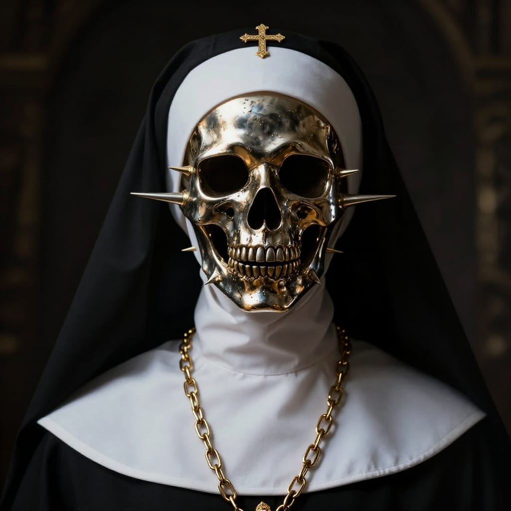 A close-up portrait of a woman dressed in a traditional nun's habit—white robes with a dark stole, a simple white veil, and a delicate gold cross adorning her headpiece—yet her face is entirely obscured by a striking metallic skull mask. The mask, crafted from polished silver or brass, features sharp, angular spikes radiating outward from its central aperture, its surface gleaming with a wet sheen that reflects the light like liquid metal. The mask’s glossy finish contrasts sharply with the matte texture of the nun’s habit, creating a jarring yet deliberate visual tension between sacred attire and sinister form. A thick gold chain necklace hangs around her neck, its links catching the light to emphasize its weight and craftsmanship. The subject is positioned in the center of a dark, unadorned background that isolates her from any environmental context, amplifying the sense of isolation and mystery. The lighting is harsh and directional, originating from the front-left, casting a deep shadow on the right side of her face and highlighting the metallic details with intense clarity. The atmosphere is dark and moody, charged with an unsettling intensity that suggests both reverence and dread. The composition follows the rule of thirds, placing her eyes slightly off-center to create dynamic balance, while the focus remains sharp on the mask and chain, drawing the viewer into the subject’s enigmatic presence. The lens appears to be a standard wide-angle, capturing the close-up with minimal distortion and natural depth of field. The color palette is dominated by deep black and rich gold, with subtle hints of silver and shadow that enhance the contrast and emotional weight of the scene.