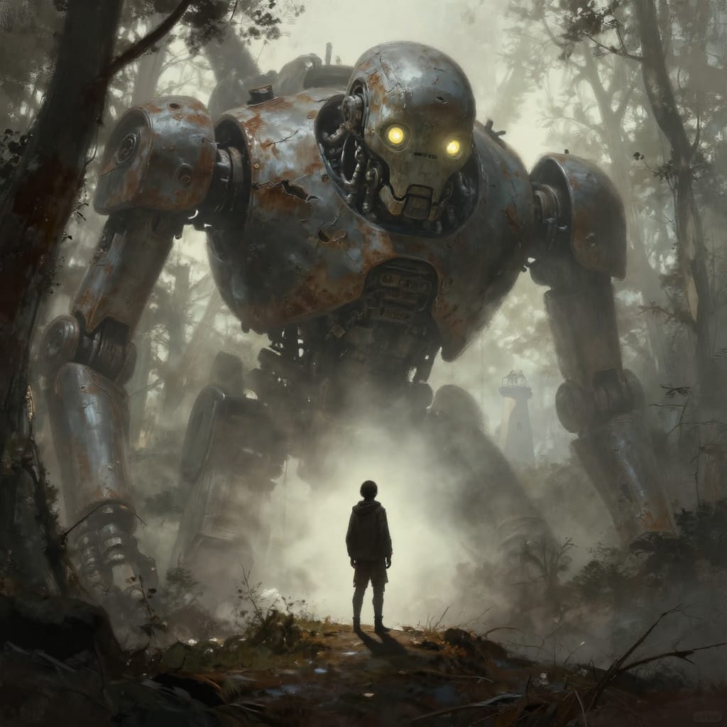 A digital painting depicting a person standing on a small hill, facing a colossal, weathered robot with glowing eyes. The robot, a humanoid machine of rusted metal and cracked surfaces, dominates the upper portion of the frame, its form partially obscured by mist. The person, small and detailed in posture, stands in the foreground beneath a dense forest canopy that stretches into the background, where a distant lighthouse pierces the fog. The scene is lit by soft, diffused sunlight filtering through the trees, casting long shadows and highlighting the robot’s luminous eyes. The color palette is earthy—grays, browns, and muted greens—with the robot’s eyes providing a stark, yellowish-white contrast that draws the eye. The brushwork emphasizes texture: the pitted metal of the robot, the organic decay of the forest floor, and the subtle gradients of light and shadow across the scene. The composition balances scale and mystery, evoking a sense of awe and quiet melancholy as time and technology converge in this timeless moment.