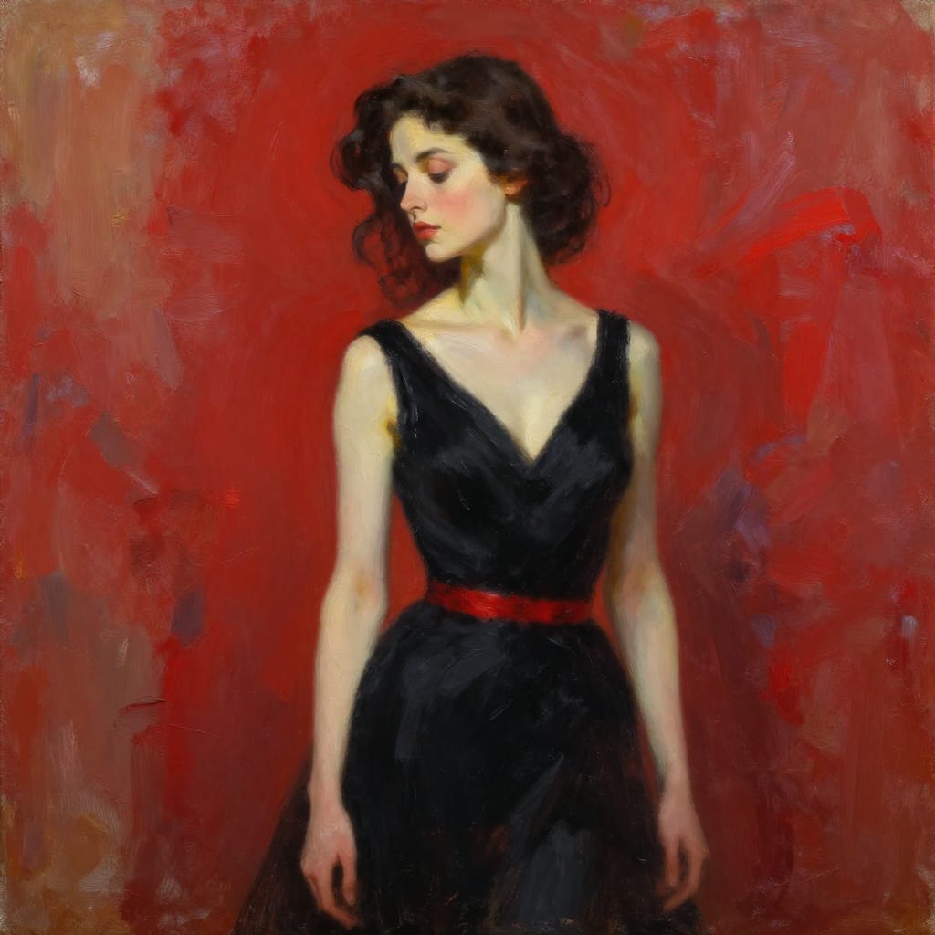 A meticulously detailed oil painting on canvas depicting a woman in a sleek black sleeveless dress with a bold red belt cinched around her waist. Her dark, wavy hair is styled in a side-swept manner, catching the warm glow of soft, diffused lighting that creates a gentle radiance on her face and dress. The background features expressive, impressionistic brushstrokes in rich reds, warm beiges, and deep earth tones, creating a dynamic, textured contrast to her refined form. The subject is positioned centrally with a slight leftward angle, her posture exuding poise and grace. The brushwork is expressive, with visible strokes that add depth and movement to the painting, while the details of her dress and hair are rendered with precision. The color palette is rich and varied, combining deep blacks and vibrant reds with warm beiges and earthy tones to create a visually captivating contrast. The overall feeling is one of elegant sophistication and quiet allure, enhanced by the interplay of light and color that draws the viewer into her poised presence.