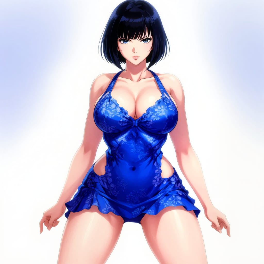 An anime-style digital illustration of a 25-year-old Azerbaijani woman standing with legs spread wide, her athletic yet curvaceous body radiating strength. She wears a vibrant blue floral bubble mini dress with backless design and plunging cowl neckline, revealing sideboob and upper thigh. Her crew cut hair frames expressive, bulging eyes that capture intense focus and youthful energy. The composition is dynamic, with a frontal lighting setup highlighting her full chest and exaggerated bust proportions. The surface features smooth digital rendering with bold outlines, crisp gradients, and a high-contrast color palette of deep blue, white, and pink. The overall mood is confident, vibrant, and stylized, emphasizing her physicality and radiant presence.