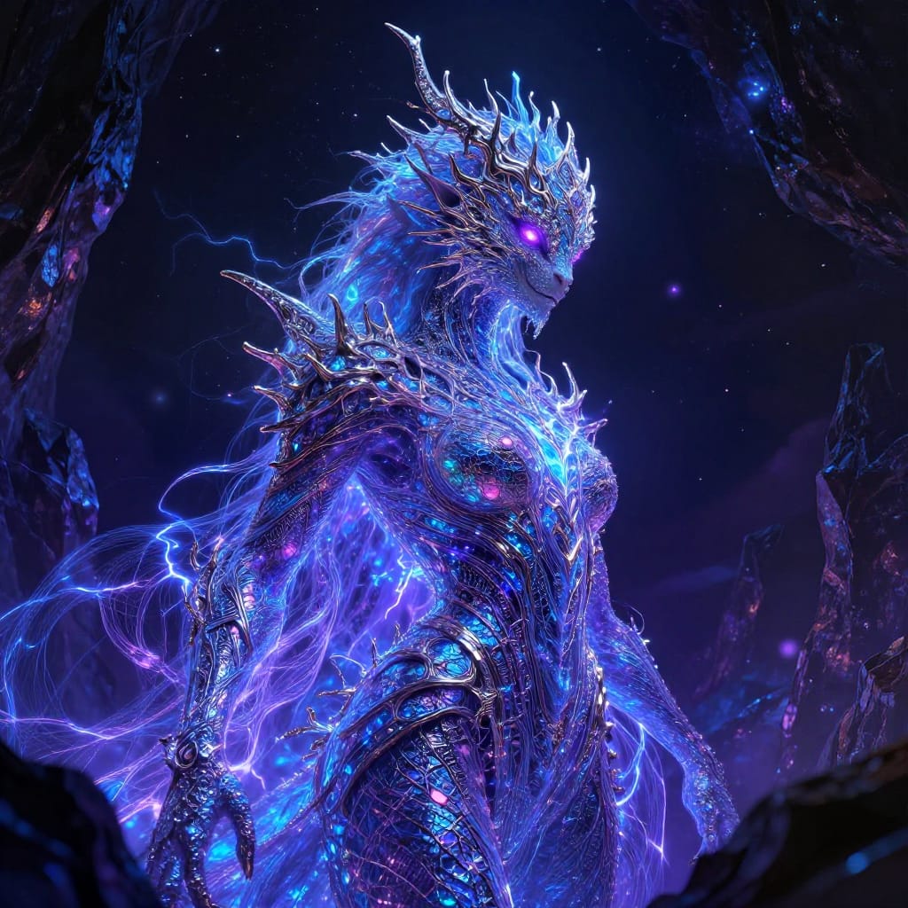 A fantastical dragon-like creature emerges from the darkness, its spiked crown adorned with intricate metallic filigree that glimmers under radiant light. The creature’s body is cloaked in a luminous net-like garment woven from cascading strands of electric blue and deep purple, each thread pulsating with subtle, shifting patterns of glowing lightning that trace its form like living circuitry. Its scales shimmer with iridescent hues, catching light to reveal hidden textures and depth. The creature’s eyes burn with an otherworldly violet glow, reflecting the starry sky above. The background features jagged rock formations and a dark, star-studded void, punctuated by distant celestial bodies that contrast with the creature’s radiant presence. The composition centers the figure dynamically, with dramatic lighting casting sharp highlights and deep shadows across its form. Digital brushwork creates intricate textures—cracked skin, flowing fabric, and glowing veins—while the overall atmosphere is one of awe and mystery, evoking a sense of enchantment and ancient power. The art style combines fantasy digital realism with stylized luminosity, where every element contributes to the mystical, immersive quality of the scene.