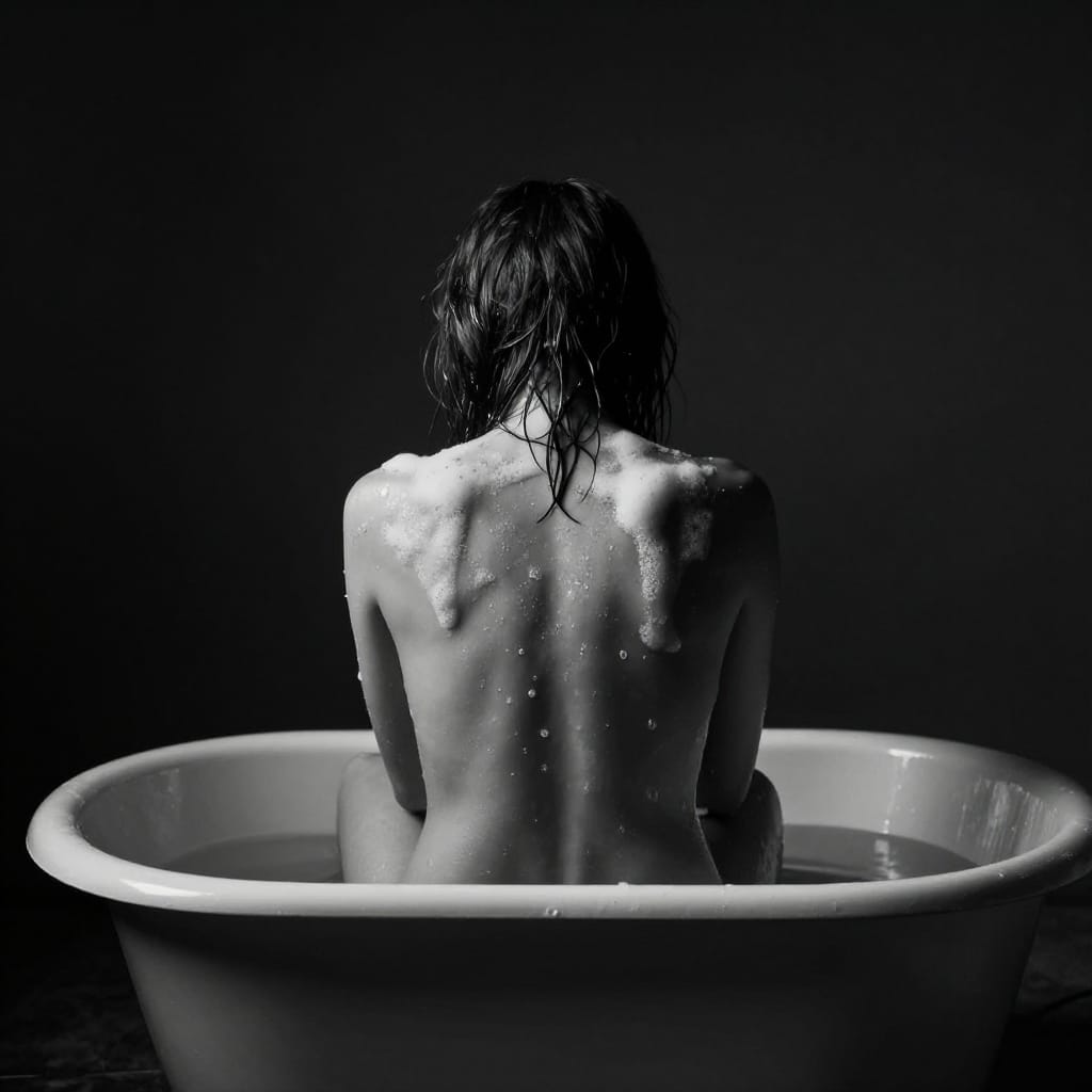 A black and white photograph captures a young adult seated in a simple metallic bathtub, viewed from behind in a mid-shot composition. The subject’s long, tousled hair frames their back as they lean forward, soap suds glistening on their shoulders and spine, suggesting an intimate act of cleansing. The bathtub, unadorned and functional, sits in a complete black void that isolates the figure, amplifying the sense of solitude. Studio lighting creates soft, even illumination from behind, casting subtle shadows that define the subject’s form without harshness. The standard lens captures a natural perspective with minimal distortion, emphasizing the quiet intimacy of the moment. No motion is present; the scene is still and contemplative, evoking a mysterious and introspective atmosphere. The neutral color scheme of black and white enhances the timeless quality of the image, focusing attention solely on the subject’s back and the subtle textures of skin and water. The overall feeling is one of quiet solitude, introspection, and a fleeting moment of personal ritual.