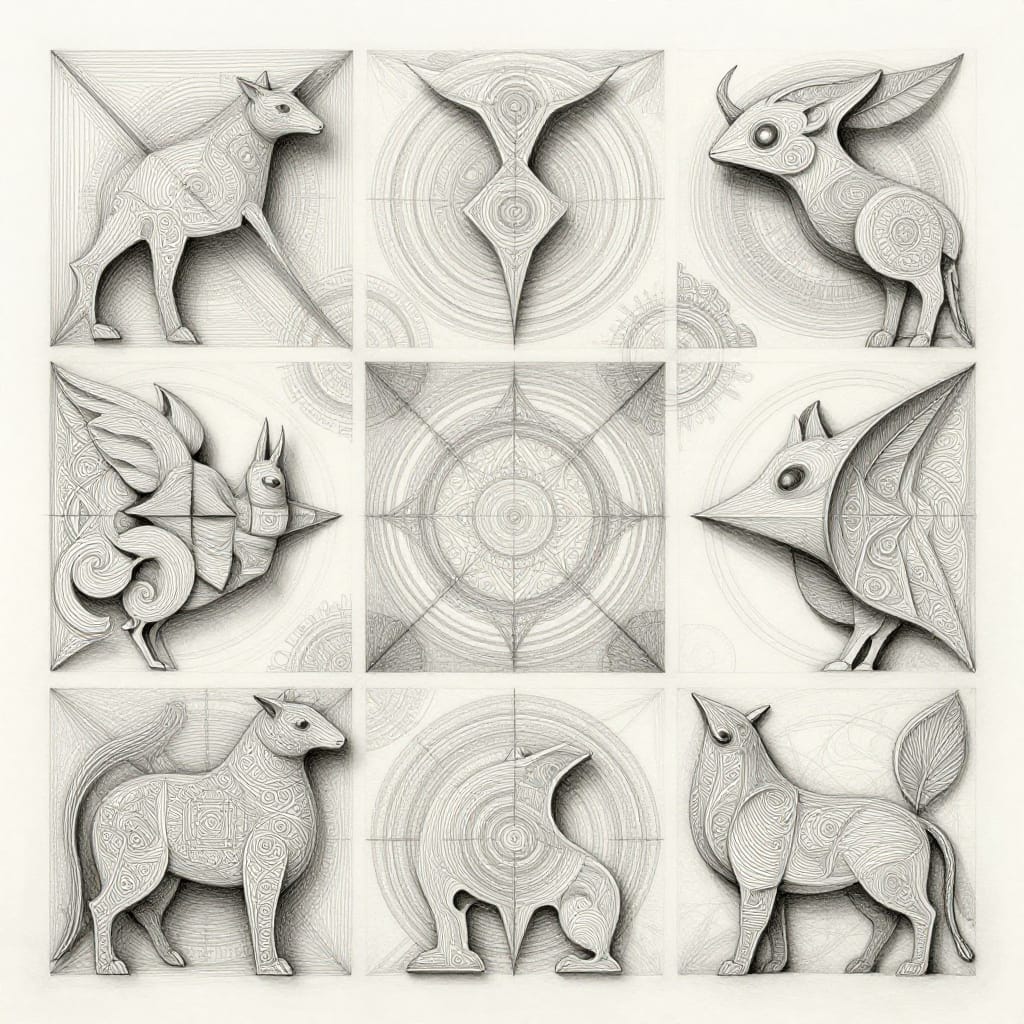 An abstract surrealist artwork featuring a collection of stylized mythical creatures rendered in intricate geometric patterns and symbolic motifs. Each creature occupies a distinct space within a precise grid arrangement, their forms defined by fine line work that creates layered depth through overlapping shapes and shadowed recesses. The bodies are adorned with intricate geometric designs—interlocking triangles, concentric circles, and angular lines—that interlace seamlessly with organic forms, blending nature and design into a cohesive whole. Symbolic elements such as mandalas, celestial symbols, and floral motifs are integrated into each design, adding narrative richness to their features. Asymmetrical shapes and balanced compositions lend dynamism to the arrangement, while subtle variations in shading and texture enhance three-dimensionality. The artwork is created in ink or charcoal on textured paper, with each stroke capturing precise detail—from the curl of a feather to the curve of a horn—while maintaining a clean, monochromatic palette of black, white, and soft gray tones that emphasize contrast and form. Even and soft lighting illuminates the entire composition, highlighting subtle gradients and texture without creating harsh shadows. The overall atmosphere is enigmatic and captivating, evoking a sense of wonder and intrigue through its fusion of surrealism, geometry, and symbolic depth.