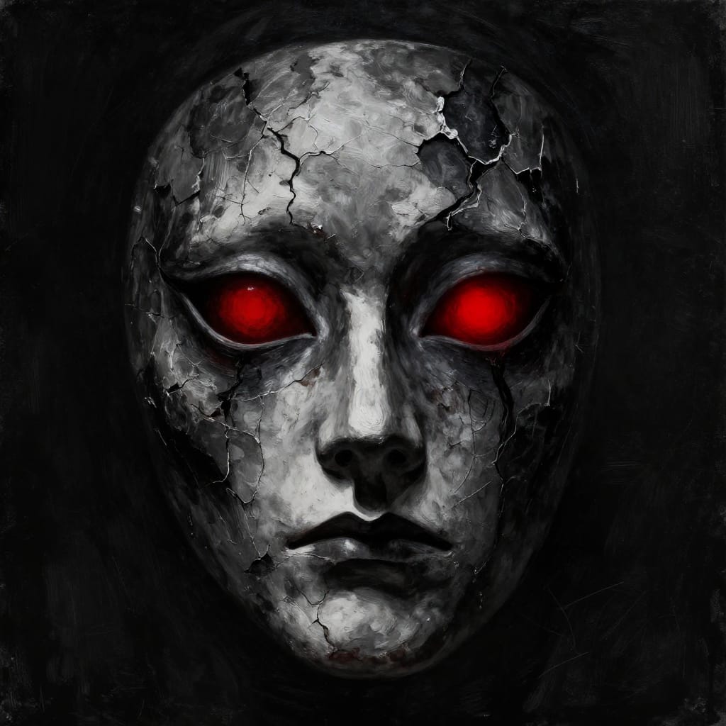 A haunting, mask-like face rendered in dark realism with an eerie, horror-inspired aesthetic. The subject features hollow, glowing red eyes that pierce the darkness, their luminous intensity contrasting with the deep shadows of the cracked, weathered mask. The mask’s surface is textured with visible cracks and chipped paint-like imperfections, evoking decay and age. The painting is executed on canvas with detail-oriented brushwork that emphasizes texture and shading, creating a tactile sense of ruin. The composition centers the mask, drawing the viewer’s gaze directly to its menacing form, while negative space amplifies its isolation and mystery. Low-key lighting from above casts sharp highlights on the glowing eyes and deep shadows across the mask’s surface, enhancing its three-dimensional presence. The monochromatic color palette of black, white, and muted grays is punctuated by the vivid red of the eyes, creating a striking visual tension. The overall atmosphere is one of dread and unease, with the mask’s haunting presence evoking a sense of the uncanny and timeless decay.