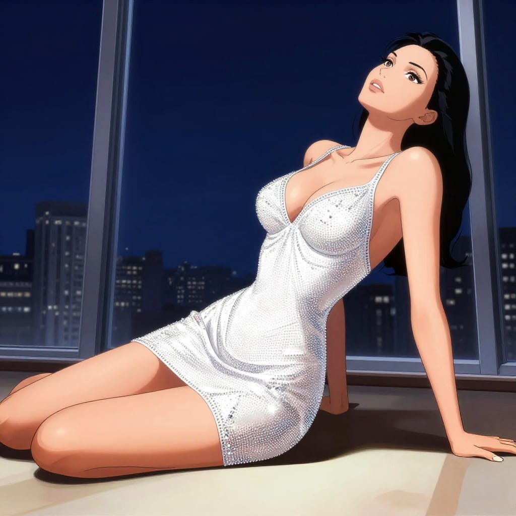 A digital illustration of a 25-year-old Czech woman in a dynamic anime style, posed lying on her back in a luxury penthouse with floor-to-ceiling windows. She wears a white rhinestone mesh mini dress with backless design, plunging cowl neckline, and extremely high side slits revealing sideboob and upper thigh. Her body is athletic and fit: slim waist, toned arms and shoulders, curvy hips with a very full chest and strong cleavage. She has soft feminine features with defined jawline, high cheekbones, and large crescent-shaped eyes. The composition is dynamic, with legs bent at knees and feet flat on the ground. The background is a dark, rich blue sky through expansive windows, framing a cityscape or skyline. Soft, directional lighting from above highlights her form, creating subtle shadows on her arms and legs. The rhinestone mesh features bold, geometric rhinestone patterns and sparkling highlights. The color palette is minimalist yet elegant: crisp white dress with metallic rhinestone accents, deep navy background, and warm skin tones. The artwork combines anime-inspired bold outlines with smooth digital rendering, emphasizing expressive eyes, precise anatomy, and luxurious texture. The overall feeling is glamorous, confident, and opulent, capturing a moment of effortless elegance in a high-flying urban setting.