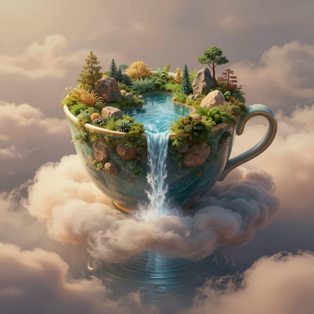 A digitally rendered surreal landscape where a colossal teacup floats atop a soft, billowy cloud mass, its surface filled with miniature rocks and lush greenery that create an illusion of a miniature forest. A cascading waterfall flows from the teacup into a deep body of water below, where gentle ripples distort the reflection of the sky. The teacup’s rim glimmers with a soft sheen, its base anchored by floating clouds that form a gentle horizon line. The composition centers the teacup as a luminous focal point, with the waterfall and water below guiding the eye downward into the vast, dreamlike expanse. Soft, diffused daylight bathes the scene in warm, even illumination, casting delicate shadows that enhance depth without harshness. The color palette features muted earth tones—dusty browns, soft greens, and pale blues—contrasted by the cool blue water and vibrant foliage, creating a harmonious yet fantastical balance. The digital brushwork is hyper-detailed, with each cloud texture rendered in soft gradients and every rock in the teacup precisely detailed to mimic natural stone and plant life. The overall atmosphere is whimsical yet enchanting, evoking a sense of wonder through the juxtaposition of everyday objects and impossible landscapes, all framed within the ethereal embrace of clouds.