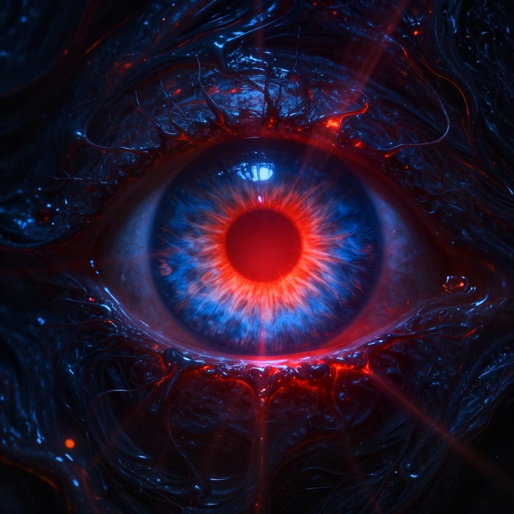 A hyperrealistic digital art depiction of a human eye suspended within a swirling frame of dark, molten material. The eye features a deep blue iris with intricate striations that radiate outward like liquid glass, centered around a bright, luminous red pupil that glows with inner light as if alive. The surrounding substance is dark, viscous, and textured with thick, flowing fissures and swirling tendrils of molten orange-red that cast faint, glowing highlights. The composition centers the eye in a dramatic, intricate frame where light emanates from within the eye, casting radiant beams that illuminate the surrounding material and create a dynamic interplay of shadow and illumination. The hyperrealistic style emphasizes every minute detail: the fine striations in the iris, the subtle veins around the pupil, and the fluid, almost liquid surface of the surrounding material. The color palette features deep indigo blues, velvety black voids, and rich, fiery orange-reds that contrast sharply, enhancing the eye’s intensity. The overall atmosphere is intense, eerie, and captivating, evoking a sense of ancient mystery and hidden power as if the eye holds the secret of life itself.