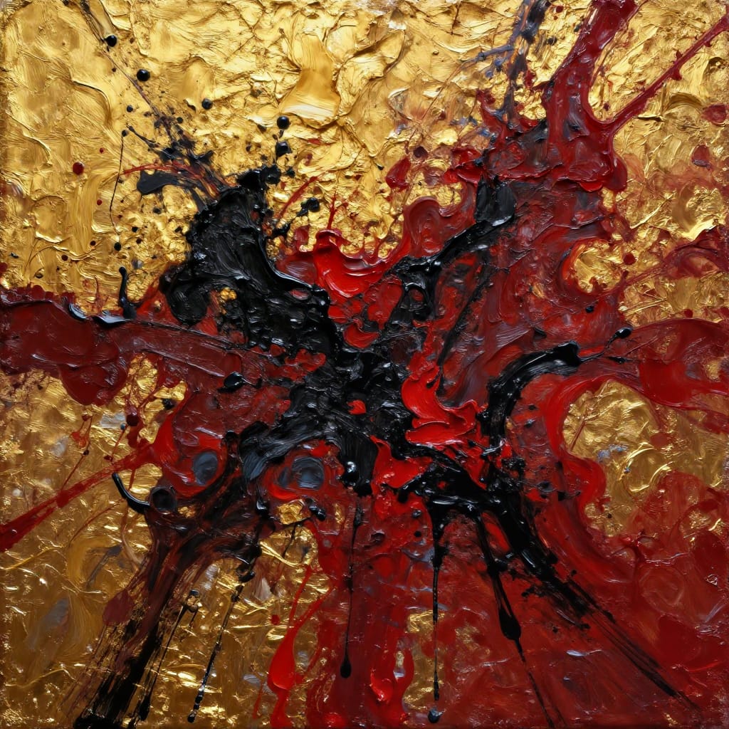 An abstract expressionist oil painting on textured canvas rendered with a tactile surface enhanced by hand-applied gold leaf. The composition is asymmetrical, dominated by dynamic splatters of deep crimson red and jet black paint that burst across the canvas like volcanic energy. These thick, expressive brushstrokes and drips create a sense of raw, unfiltered movement and emotional intensity. The luminous, high-contrast golden background acts as a radiant counterpoint, its warm, reflective sheen catching the light to highlight the interplay between dark chaos and radiant harmony. The gold leaf adds a shimmering, reflective quality to the surface, creating subtle highlights and depth that elevate the tactile texture. The lighting is dramatic and directional, casting strong shadows that emphasize the thickness of the paint layers and amplify the visual tension. The color palette—deep crimson red, jet black, and radiant golden yellow—creates a powerful visual contrast and emotional resonance. The overall atmosphere is intense and dramatic, evoking a sense of passion, chaos, and creative explosion through the interplay of color, texture, and form.