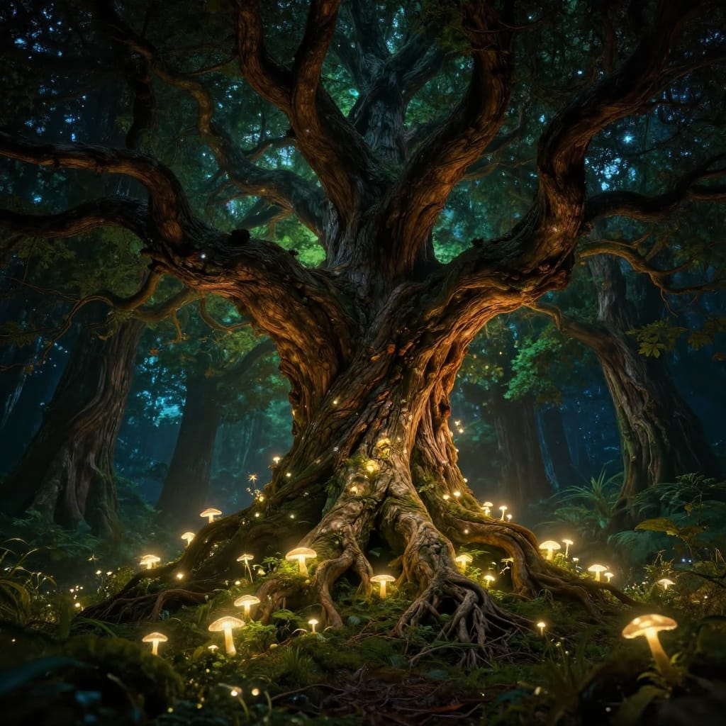 An ancient, gnarled tree with sprawling roots and twisted branches dominates a digital canvas, its bark rendered in hyper-realistic detail with deep fissures and organic texture. The tree’s base is illuminated by a luminous glow emanating from countless glowing mushrooms—tiny orbs of soft white and golden yellow—that sprout like stars from the forest floor. These bioluminescent elements create a magical, ethereal atmosphere, casting gentle highlights on the tree’s bark and surrounding foliage. The scene unfolds in a dense, mystical forest where towering trees interweave into a canopy, their dark and weathered trunks contrasting with the luminous mushrooms. The sky above is a deep, starry blue dotted with countless points of light. Soft, diffused lighting from the mushrooms and distant starlight bathes the entire landscape in a gentle, dreamlike glow. The color palette features rich earthy tones of deep forest green, burnt sienna, and charcoal for the tree and undergrowth, contrasting sharply with the bright white and golden-yellow luminescence of the mushrooms. The artwork evokes an enchanting, otherworldly mood where nature and magic coexist in perfect harmony.