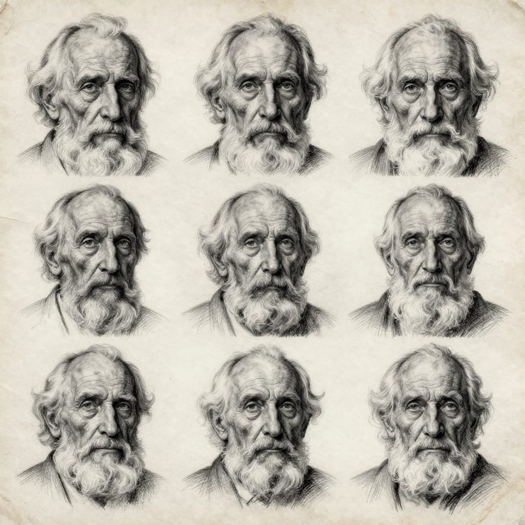 Six meticulously hand-drawn black and white portraits of an elderly man, arranged in a symmetrical grid of two rows and three columns on textured paper with pronounced creases and faint discoloration. Each portrait is rendered in fine pencil and charcoal lines, emphasizing texture through consistent shading that builds depth across his weathered face—deep wrinkles trace the contours of age, a dense white beard and mustache frame his solemn expression, and his eyes hold quiet wisdom. The composition balances symmetry with subtle variation, each portrait capturing distinct moments of time and emotion. Even lighting eliminates harsh shadows, casting soft highlights that enhance the tactile quality of the paper and the delicate interplay of light and shadow. The monochromatic palette of black, white, and gray is rich with tonal gradations, from deep charcoal in the creases to pale highlights on his skin and hair. The surface texture adds a grounded, historical quality, grounding the portraits in a sense of quiet contemplation and timeless presence. The overall atmosphere is somber yet serene, evoking reverence for the enduring spirit of age and experience.