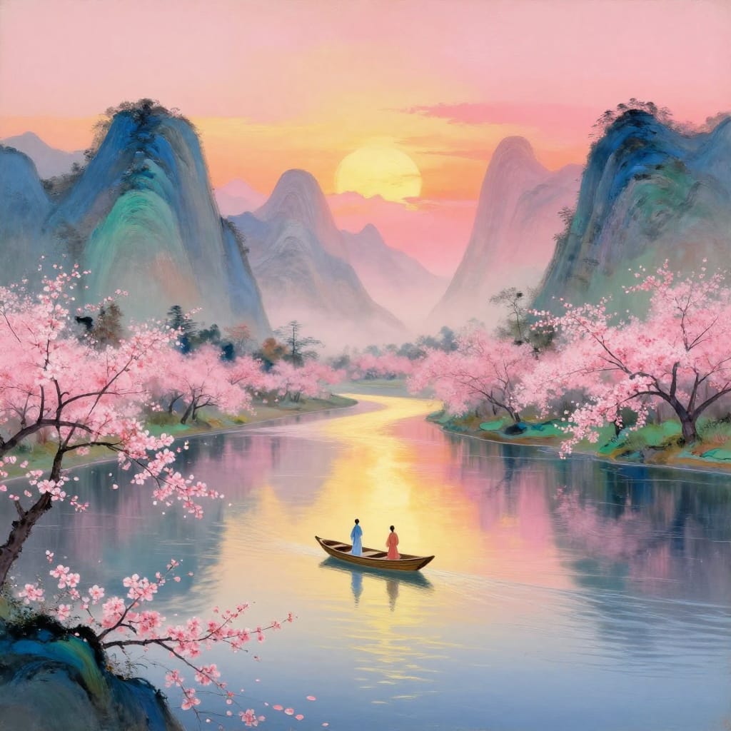 A serene East Asian landscape painting on canvas, capturing two figures in a small boat gliding gently across a calm river. The scene is framed by majestic mountain ranges that stretch into the distance, their peaks bathed in the warm hues of a sunset sky painted in soft pinks, oranges, and golds. The water reflects these colors with gentle ripples, creating a mirror-like surface that enhances the harmony of the landscape. Cherry blossoms bloom in delicate clusters along the riverbank, their soft pink petals rendered with intricate brushwork that captures both texture and light. The composition is balanced and symmetrical, with the boat positioned centrally to draw the viewer into the tranquil moment. The lighting is soft and diffused, with a golden glow emanating from the setting sun that bathes the scene in warmth. The color palette consists of rich yet harmonious tones—crimson pinks, golden yellows, deep blues, and verdant greens—that blend seamlessly to evoke a sense of peace and natural beauty. The brushwork is delicate yet precise, with fine strokes defining the soft edges of the blossoms and the flowing water. The overall feeling is one of profound tranquility, serene harmony, and a deep appreciation for nature’s quiet elegance.