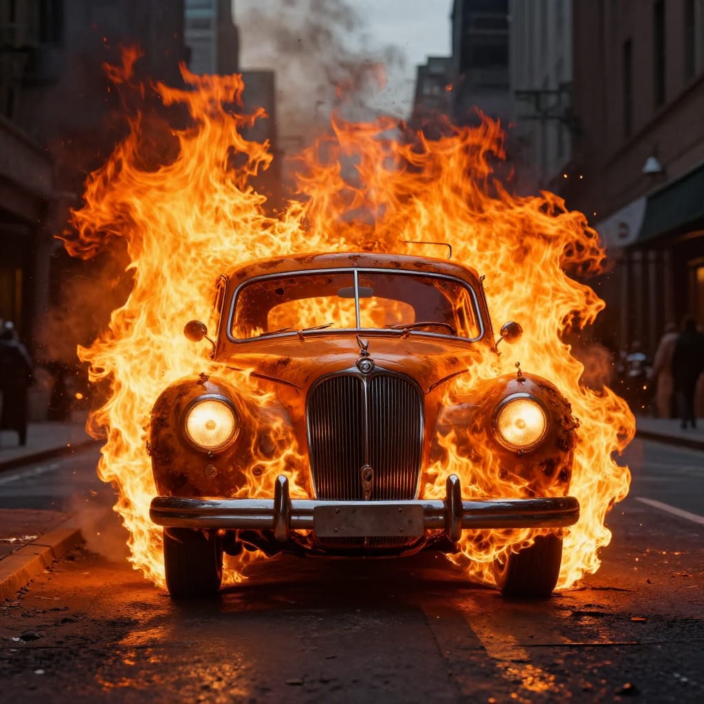 A hyper-realistic photograph captures a vintage car engulfed in flames from the front, its classic design rendered with exquisite detail. The car’s headlights glow warmly, casting a golden beam across the urban street where it stands centered, flanked by intense flames on either side that create a symmetrical and powerful composition. The fire dominates the frame in vivid orange and yellow hues, with stark contrasts between the bright light and deep shadows of the background. The surface is a gritty urban street, with weathered pavement and distant city silhouettes adding depth. The lighting is dramatic and directional, emanating from the fire itself as the primary source, highlighting the car’s chrome details and fabric upholstery. The color palette is rich in warm tones—burnt orange, molten yellow, and deep charcoal—evoking a mood of urgency and intensity. The overall feeling is one of dramatic tension, where nostalgia for classic automobiles collides with the raw power of destruction. The image is captured on high-resolution digital paper with fine grain texture, enhancing the tactile realism of the scene. The composition balances the car’s mechanical precision with the chaotic energy of flame, creating a striking visual narrative of fleeting beauty and fiery transformation.