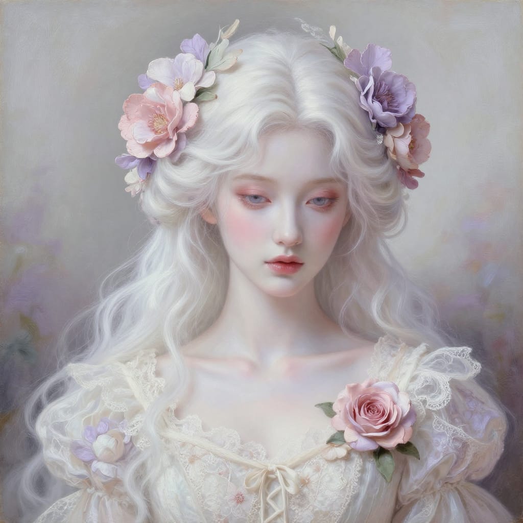 A digitally painted portrait of a woman with pale skin and flowing white hair adorned with delicate handcrafted flowers, rendered in exquisite detail on canvas. The subject is centered in a softly blurred background that emphasizes her presence, with her elaborate, vintage-inspired hairstyle and intricate floral-patterned dress capturing the essence of 19th-century elegance. The dress features a laced-up bodice and a single decorative rose pinned to one side, its petals rendered with lifelike texture. Her skin is luminous and smooth, highlighted by soft, diffused lighting that creates a gentle glow around her features and the floral hairpiece. The brushwork is precise, capturing every thread of fabric, each petal’s hue, and the delicate strands of hair with meticulous realism. The color palette consists of soft whites, creams, and muted pastel tones—lavender, blush, and pale rose—enhancing the serene and ethereal atmosphere. The composition balances symmetry with subtle surrealism, as if the woman exists just beyond reality, her form both grounded and dreamlike. The overall feeling is one of timeless grace, quiet beauty, and a whisper of magic, evoking a sense of gentle enchantment and refined poise.