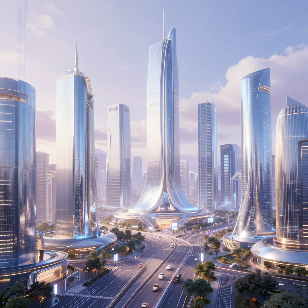 A meticulously detailed digital illustration of a futuristic cityscape rendered in polished digital art. The composition centers on a skyline of sleek, glassy skyscrapers with dynamic modern architecture, their surfaces reflecting soft light and creating shimmering halos. A prominent circular structure rises as a striking focal point, its metallic surface catching highlights that contrast with the surrounding buildings. A wide highway winds through the lower midground, lined with futuristic vehicles and illuminated signs, guiding the eye across the scene. The background features a soft, partly cloudy sky painted in pastel hues of lavender and pale blue, enhancing the tranquil atmosphere. The lighting is diffused and calm, with gentle shadows cast by the sun's position, creating subtle depth and a serene mood. The color palette is dominated by cool blues and whites, punctuated by warm metallic gold accents on architectural elements and vehicle lights. The artwork emphasizes intricate architectural details—curved facades, geometric patterns, and subtle texture variations—blending traditional forms with cutting-edge design. The overall feeling is one of advanced urban development, technological harmony, and a peaceful, orderly vision of tomorrow’s city.