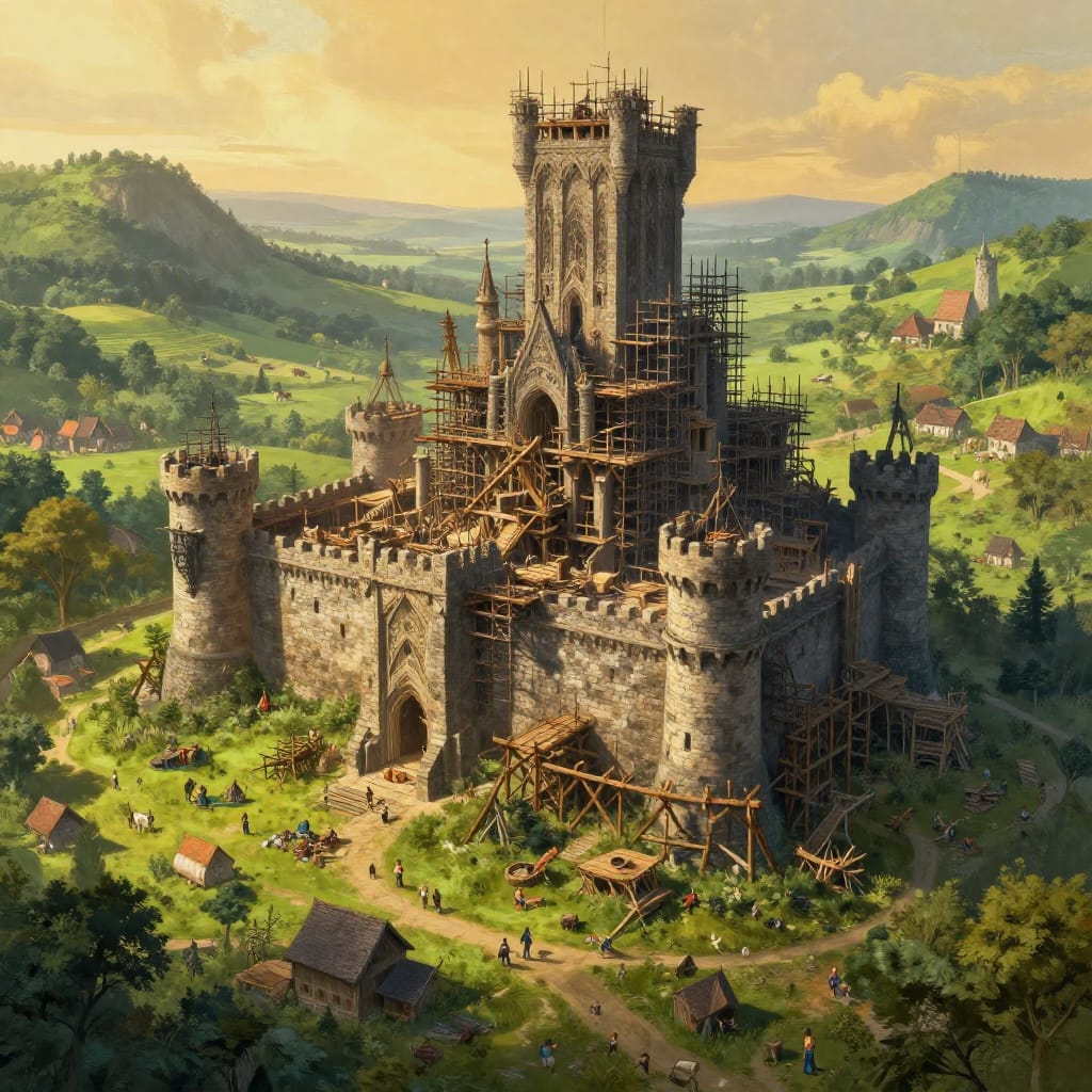 A meticulously detailed digital art composition of a grand medieval castle under construction, rendered on a vibrant digital canvas. The fantasy medieval style captures the architectural grandeur of stone towers and thick walls, with partial structures and scaffolding framing the scene. The castle dominates the central foreground, its towers rising with intricate stonework, while wooden beams and iron supports anchor the construction site. Below, a bustling village unfolds in lush green hills, filled with villagers engaged in labor, children playing, and animals grazing under a warm golden sky. The landscape stretches into rolling hills and dense forests, creating an atmospheric depth that enhances the sense of scale. Natural sunlight bathes the scene in soft, diffused light, casting gentle shadows that highlight the textures of aged stone, weathered wood, and vibrant foliage. The color palette is rich and earthy—deep greens of the trees, warm browns of the castle walls, cool grays of the stone, and a golden sky that evokes the quiet dignity of a time of building. The brushwork is highly detailed, with visible textures on bricks, mortar, and fabric, while the aerial composition ensures a balanced, immersive view that draws the eye from the majestic castle to the thriving village and serene countryside. The overall feeling is one of quiet anticipation and hard work, a moment frozen in time where history is being built under a sky of promise.
