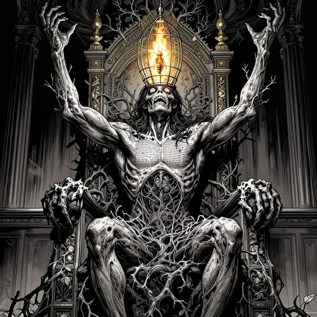 Graphic novel splash page, heavy blacks and sharp white highlights, cinematic composition with deep focus on the figure and throne. Frank Miller aesthetic: gritty lines, intense contrasts, and emotional intensity. A figure with a birdcage containing a single glowing firefly for a head, eyes replaced with human teeth whispering secret texts in text or symbols. Tree branches with leaves sprouting from the elbows for arms, bloated and swollen, skin taut and translucent, veins and organs visible beneath. Arms raised overhead in triumph or agony, body arched backward. Set against a courtroom where the judge's bench is a giant throne, complete with ornate carvings and gilded details. Mind-bending surreal art: organic elements merged with architectural forms, disturbing yet fascinating. Intricate detail: textures of weathered skin, delicate leaves on branches, glowing firefly within the cage. Unforgettable imagery: a grotesque yet majestic figure suspended between horror and awe, frozen in a moment of transcendent drama.