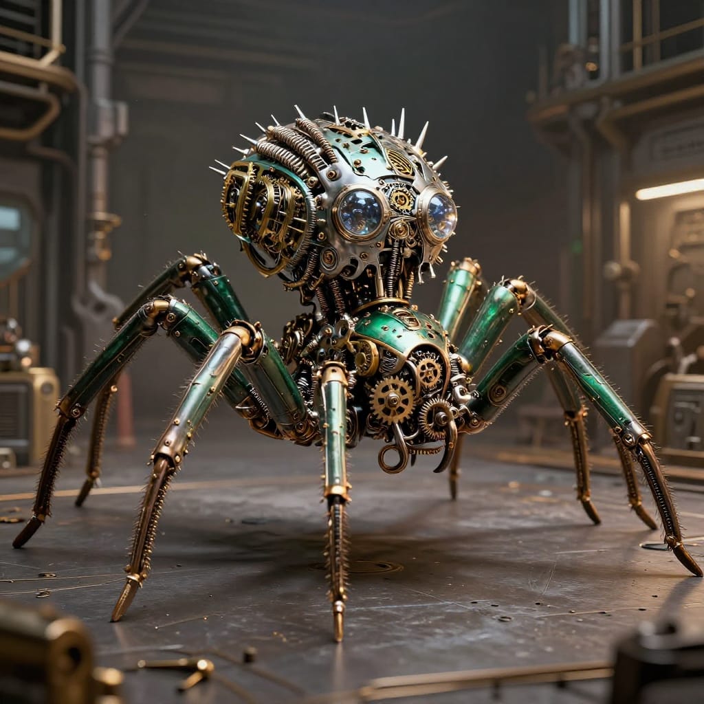 A meticulously detailed digital rendering of a towering mechanical spider, its body a fusion of intricate gears, springs, and polished metal components. The creature stands centered and symmetrical in a vast, industrial workshop setting, its multi-jointed legs extending outward with sharp, clawed tips that scrape across the surface. Its head features two mechanical eyes—crystalline lenses with internal gearwork—and a crown of metallic spikes that protrude from its thorax. Gears of varying sizes are embedded in its limbs and abdomen, their teeth interlocking with precision. The color palette features rich silver accents, deep emerald-green accents, matte black surfaces, and gilded highlights that catch the light. Soft, even ambient lighting bathes the scene in a warm glow, emphasizing the textures of polished brass, riveted steel, and delicate spring filaments. The artwork is rendered with high detail and precision, capturing every gear tooth, spring hinge, and reflective surface with photographic clarity. The overall atmosphere is one of impressive mechanical complexity and elegant engineering, evoking awe at the intricate harmony of form and function in this steampunk masterpiece.