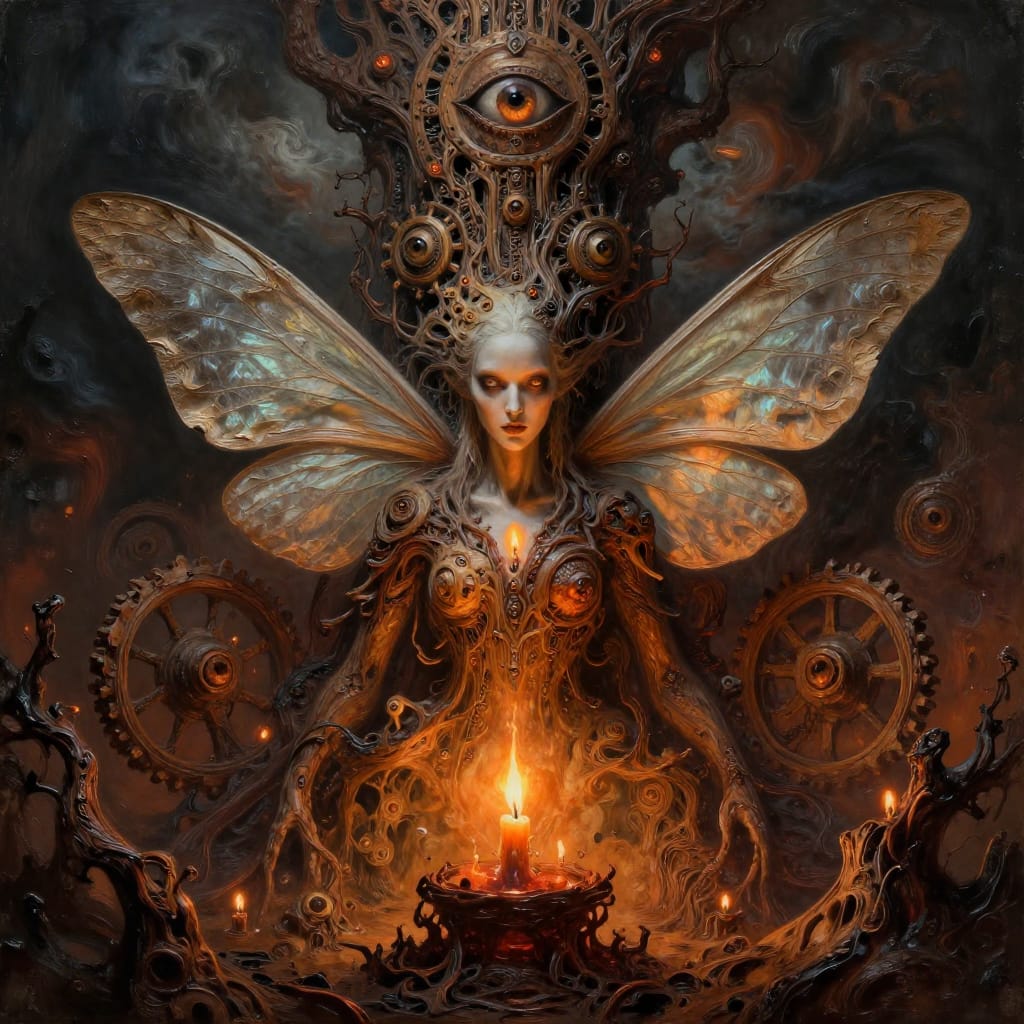 A dark surrealist digital painting crafted with heavy texture paste to create topographical surface, peaking and valleys of paint defining every biomechanical curve. The composition centers on a pale woman with delicate moth wings that flutter like parchment, her face replaced by two burning candles whose flickering flames cast eerie shadows across her skin. Surrounding her, a towering structure made entirely of petrified wood rises into the sky, its surface etched with intricate carvings and glowing embers. Floating within this tower are endless wheels within wheels, each encircled by unblinking eyes that seem to gaze directly at the viewer. The atmosphere is thick with perpetual storm clouds swirling above, their edges illuminated by the warm but unsettling glow of embers in a ritual brazier at the base of the structure. H.R. Giger’s biomechanical influence permeates every detail: organic forms fused with mechanical precision, bone-like textures beneath the petrified wood, and a haunting fusion of nature and technology. The color palette is dominated by deep ochre, molten gold, and shadowy charcoal, with accents of blood-red from the candles and a faint iridescent sheen on the petrified surface. The intricate detail is achieved through layered pastel application and digital brushwork that mimics hand-painted textures, creating a masterwork of surrealist horror art where beauty and dread coexist in perfect balance.