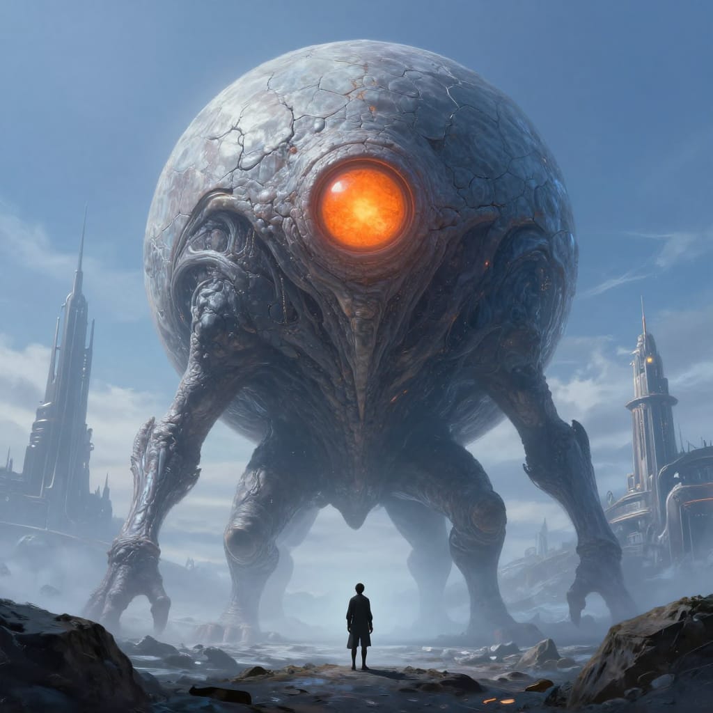 A colossal, spherical creature with a humanoid form stands on a rocky terrain under a clear sky, its massive dome-shaped head and spindly limbs dominating the scene. The creature’s cracked, textured surface glows with an otherworldly light, its single glowing orange eye casting a warm radiance that pierces the cool-toned atmosphere. In the foreground, a small human figure stands in stark contrast to its immense scale, emphasizing the creature’s overwhelming presence. Behind it, a futuristic tower rises from the landscape, its sleek architecture blending with a distant castle-like structure bathed in soft, diffused light. The digital artwork uses detailed brushwork to render every texture—cracked stone, flowing hair, and reflective surfaces—with precision. The composition centers the creature, drawing the eye through layered depth to the foreground human and distant towers. Soft lighting creates subtle shadows that enhance volume and mystery, while the cool color palette of blues and grays is punctuated by the vibrant orange glow of the eye. The overall feeling is one of awe and quiet unease, as the viewer is struck by the sheer magnitude and enigmatic nature of this colossal being against a vast, otherworldly landscape.