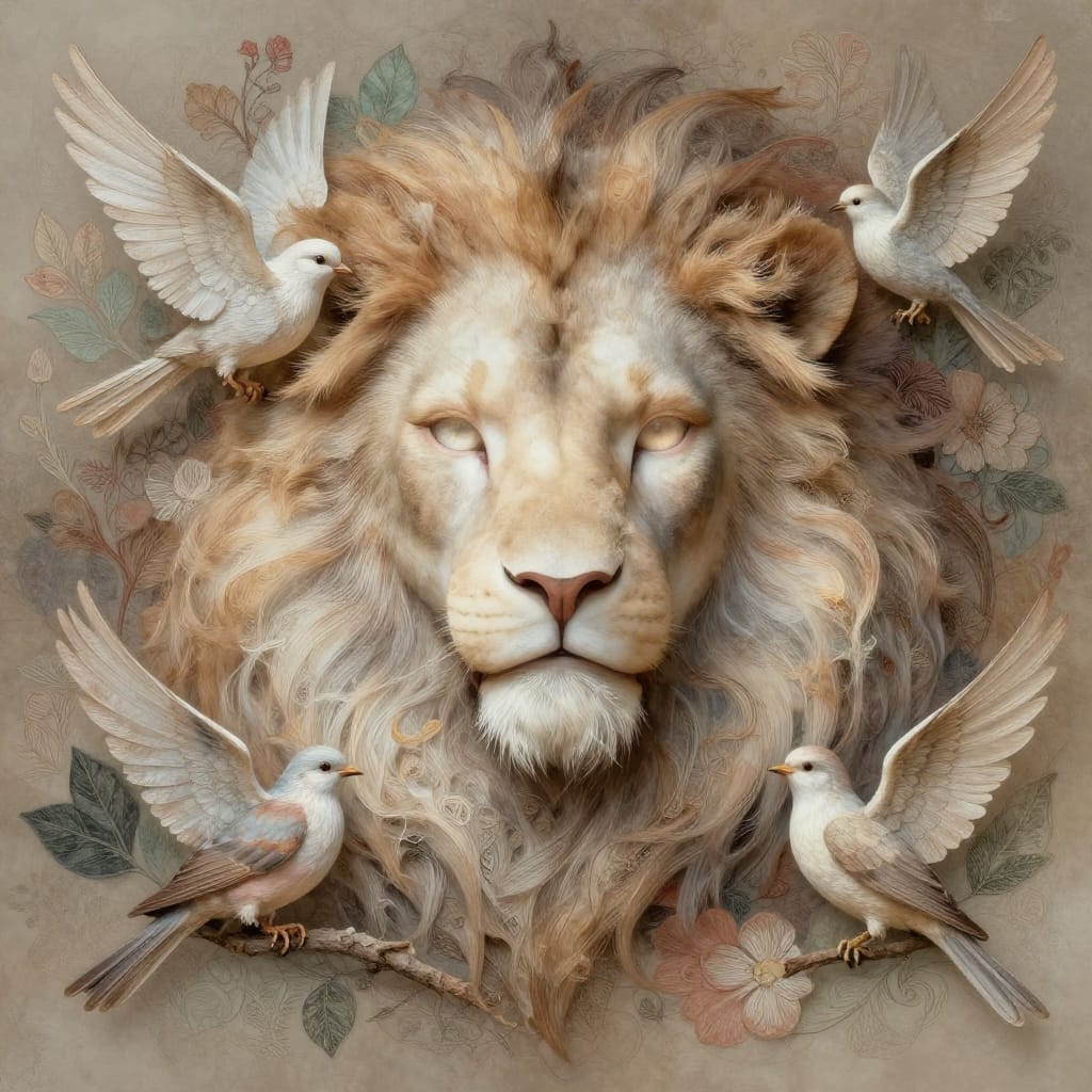 A surreal and mystical fusion of a human face and a lion’s head, their forms seamlessly entwined in a dreamlike harmony of organic and fantastical. The human face is gentle, luminous, with soft skin and delicate features that glow faintly under diffused light, while the lion’s head radiates ancient strength and wisdom, its fur textured with subtle sheen and layered patterns. Their features blur at the edges, creating a seamless transition where biology and myth converge. Surrounding them are delicate birds—a dove with wings spread wide and a sparrow perched on a branch—seemingly part of the scene itself, their forms rendered in soft brushwork and delicate collage elements. The background is a tapestry of intricate floral and leaf patterns in muted earth tones, their textures layered with fine brushstrokes and hand-drawn details to create depth and dimension. The composition is centered, with the human-lion fusion as the focal point, balanced by the birds and foliage in a harmonious flow. Soft, diffused lighting bathes the scene in gentle warmth, casting subtle shadows that enhance the three-dimensional quality of the forms. The color palette is earthy and warm, dominated by browns, beiges, creamy whites, with muted greens and soft reds adding depth. The overall feeling is one of wonder and mystery, where the boundaries between human and beast blur into a timeless, enchanting vision.