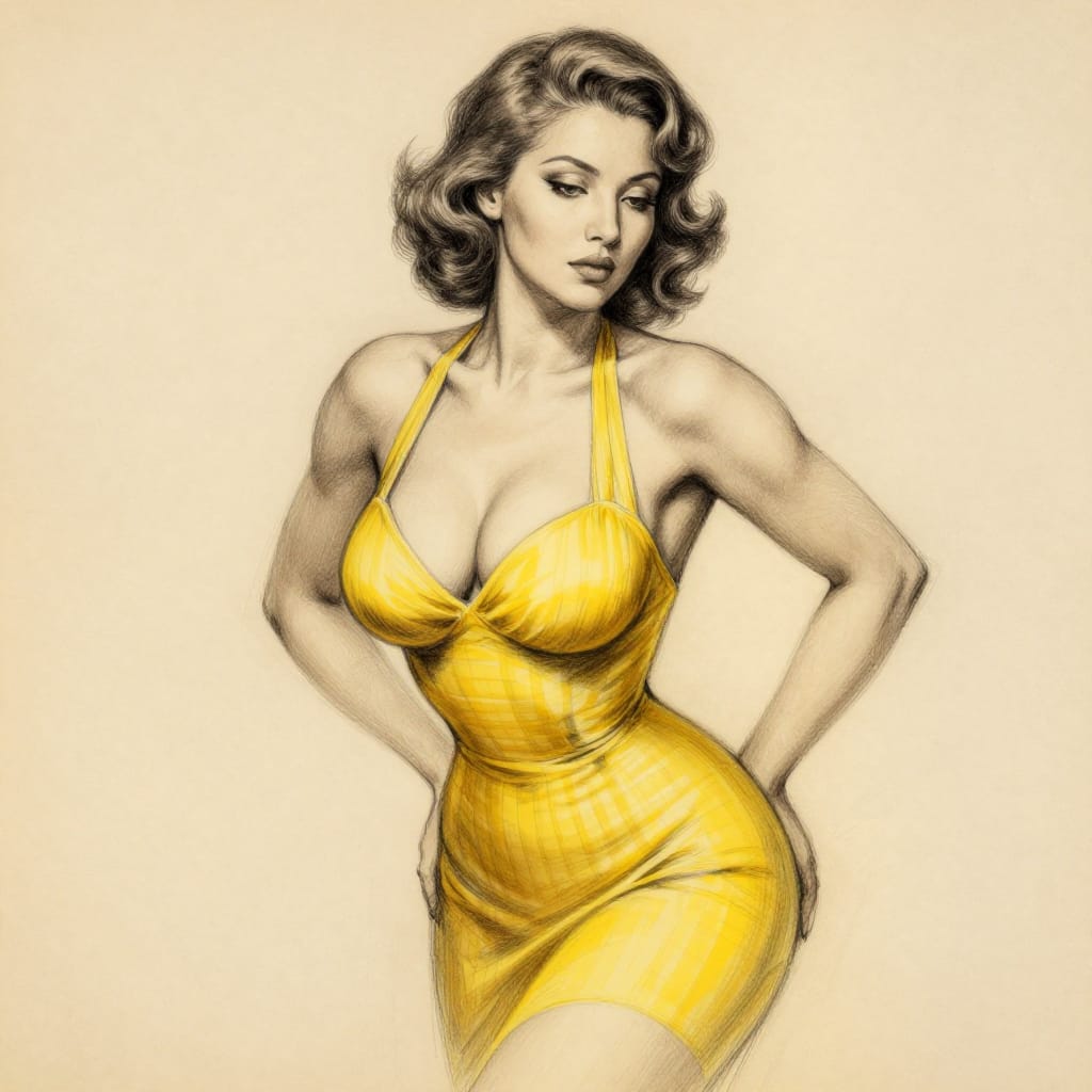 A detailed pencil sketch of a 25-year-old Kazakhstani woman, rendered with delicate line work and subtle shading. The subject features an athletic fit body: a slim waist, toned arms and shoulders, curvaceous hips, and an extremely large bust with strong cleavage and fantastical weight proportions. Her wavy French bob from the 1920s is styled with soft, flowing curls, and her eyes are softly rounded with gentle emphasis on their depth. She wears a vibrant yellow halterneck stripe mini dress with a backless design and a plunging cowl neckline that reveals sideboob and upper thigh. The pose is dynamic: deep squat/crouch with hips back and knees bent, emphasizing her sculpted form. The composition is centered on her upper torso and midsection, framed by soft lighting that highlights her bust and shoulders while casting gentle shadows across her arms and legs. The surface type is aged parchment paper with a matte finish, enhancing the tactile quality of the sketch. The color palette features warm yellow as the dominant hue, accented by soft browns in her hair and subtle highlights on her skin. The overall artistic feeling is elegant, timeless, and confident, capturing a moment of quiet power through intricate line work and soft modeling.