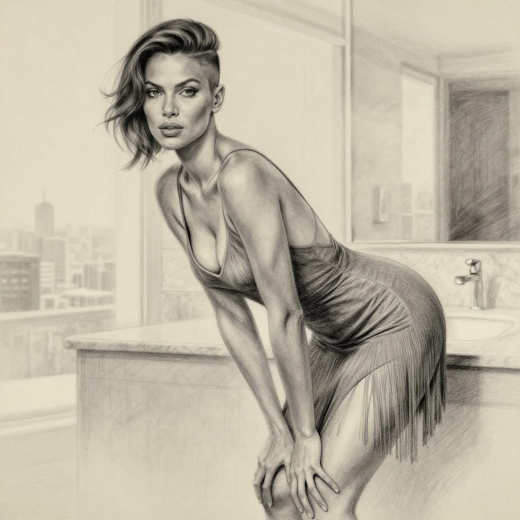 A detailed pencil sketch of a 25-year-old Brazilian woman in a medium shot, rendered on aged paper with subtle texture and tonal depth. She wears a sleek grey fringe mini dress with a backless design and a plunging cowl neckline that reveals her sideboob and upper thigh. Her athletic fit body features a slim waist, toned shoulders and arms, and curvaceous hips. A high fade side part comb-over hairstyle frames her face, where heavy-lidded eyes and a confident gaze capture her presence. The pose is dynamic: bent over at the waist with hands on knees, creating a sense of movement and intimacy. The penthouse suite bathroom setting is implied through soft background elements—large windows bathed in natural light, a marble countertop, and distant city skyline visible through the glass. Lighting is soft and diffused, enhancing the delicate pencil lines that define her form with precision. The color palette is monochromatic, dominated by grey tones with subtle highlights on her skin and dress, evoking an elegant, timeless aesthetic. The aged paper surface adds a tactile layer of depth, while the pencil sketch emphasizes clean, flowing lines and subtle shading to highlight texture and volume. The overall feeling is one of quiet confidence, natural beauty, and refined sensuality, captured with the intimacy and clarity of a vintage portrait.