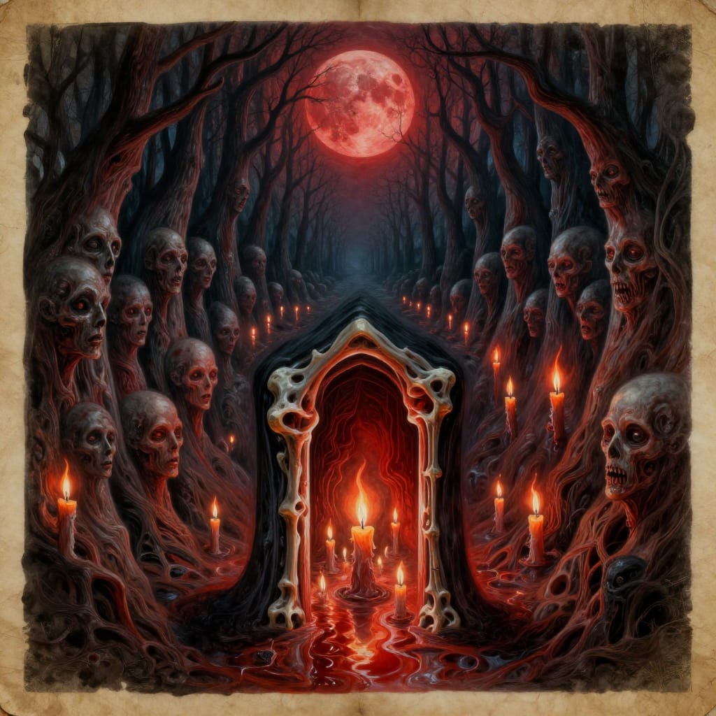 A masterwork of surrealist horror art rendered in a smooth airbrushed finish with intricate detail, blending Escher-like geometric precision and unsettling psychological horror. The scene unfolds on aged parchment surface, its textured grain and subtle creases evoking a forgotten blueprint of an occult realm. At the foreground, a doorway composed entirely of human ribs arcs upward, its jagged edges and translucent skin glowing faintly under blood-red moonlight. The doorway leads into a room filled with floating candles whose flames bend unnaturally, their light refracting through wet surfaces to create shimmering distortions. Surrounding the room is a vast forest where every tree has a face carved into its bark—each expression ranging from terror to silent dread, their eyes reflecting the moonlight like hollow sockets. The composition is layered with depth: the foreground features the ribbed doorway and its unsettling portal, while midground candles flicker with unnatural motion, and the background stretches into an infinite horizon of faceless trees and shadowed figures. Blood-red moonlight casts impossible shadows that twist and stretch independently, as if sentient, while the airbrushed finish contrasts the organic chaos with a smooth, almost clinical precision. The atmosphere is thick with unease, a fusion of geometric order and primal fear, where every line, shadow, and face speaks of hidden depths beneath the surface.
