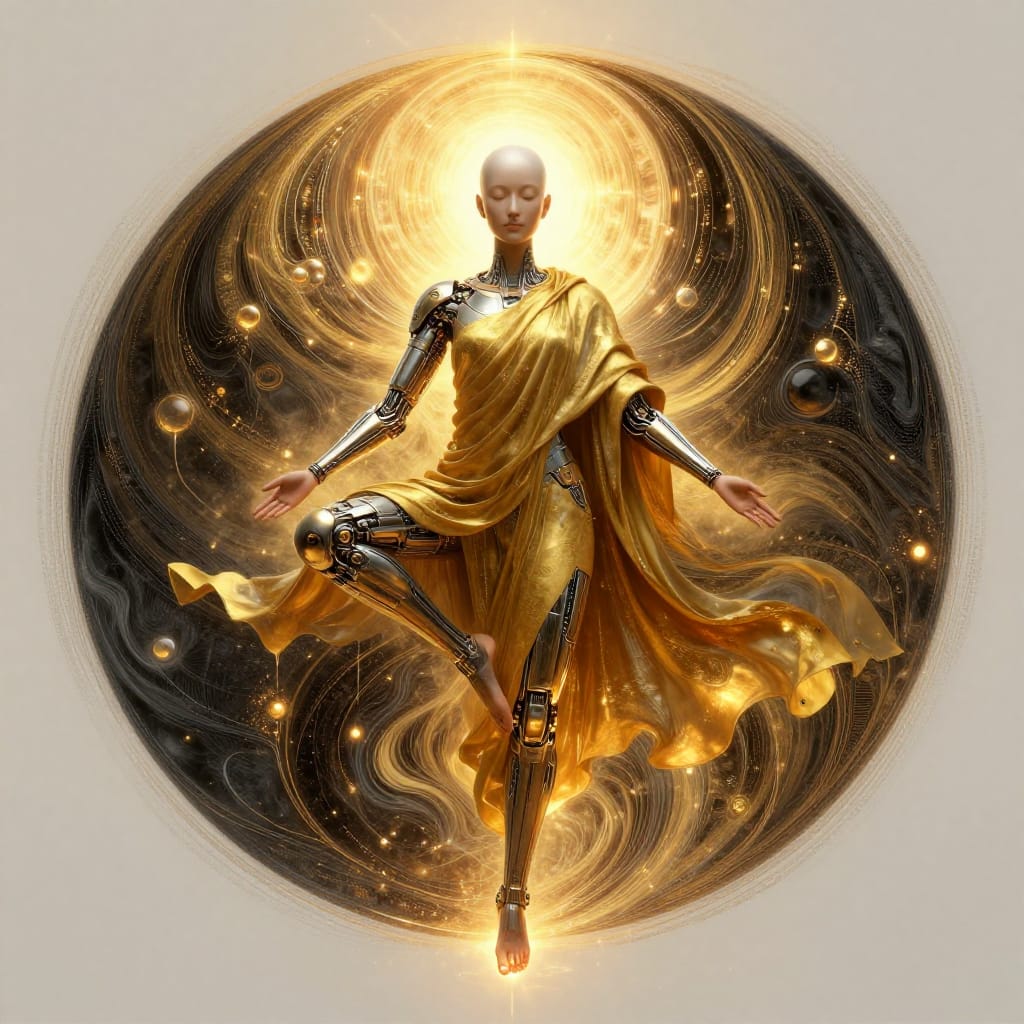 A digitally rendered humanoid figure with a bald head, posed in a meditative stance with one leg raised, clad in a flowing golden shawl and layered mechanical arm bands of polished metal, supported by studded boots that catch warm light. The figure is centered within a vast circular background design, inspired by yin-yang symbolism, featuring swirling patterns of gold and shadow, embedded spheres that reflect light like tiny mirrors, and cascading drips of liquid metal and luminous particles. The composition balances symmetry and movement, with dynamic lines guiding the eye from the figure’s raised leg to the radiant halo effect at the top. Dramatic warm golden light emanates from behind the figure, casting a soft glow that highlights the metallic textures and creates a radiant halo around its head. The surface is a high-resolution digital canvas with a plain light background, allowing the intricate details of the figure and background to stand out. The artistic style merges cyberpunk futurism with spiritual symbolism, blending organic meditation with technological precision. Brushwork includes detailed line work for mechanical elements, smooth gradients for the shawl’s folds, and textured surface details like metallic sheen and fluid drips. The color palette dominates in rich golds and deep blacks, punctuated by warm orange and yellow highlights in the background, creating a harmonious fusion of spiritual calm and futuristic innovation.