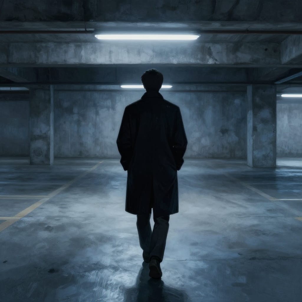 A man in a black turtleneck and a dark overcoat walks alone through a vast concrete parking garage, his hands resting in his pockets as he moves under the harsh, even illumination of overhead fluorescent lights that cast long, sharp shadows across the textured walls. The scene is rendered in a digital illustration with a muted, monochromatic palette dominated by cold blue tones, evoking a sense of isolation and quiet solitude. The composition centers on the man’s figure, positioned slightly off-center to emphasize his solitary presence amidst the industrial vastness. The background features weathered concrete walls with visible cracks and texture, contrasted by the smooth, reflective surface of the turtleneck and the fabric of the overcoat. The lighting creates a cold, clinical atmosphere, with a subtle rim light outlining the man’s silhouette against the dimly lit environment. The brushwork is fine and precise, capturing the subtle grain of the concrete and the smooth sheen of the fabric. The overall artistic feeling is one of introspective solitude, where silence and shadow define the space.