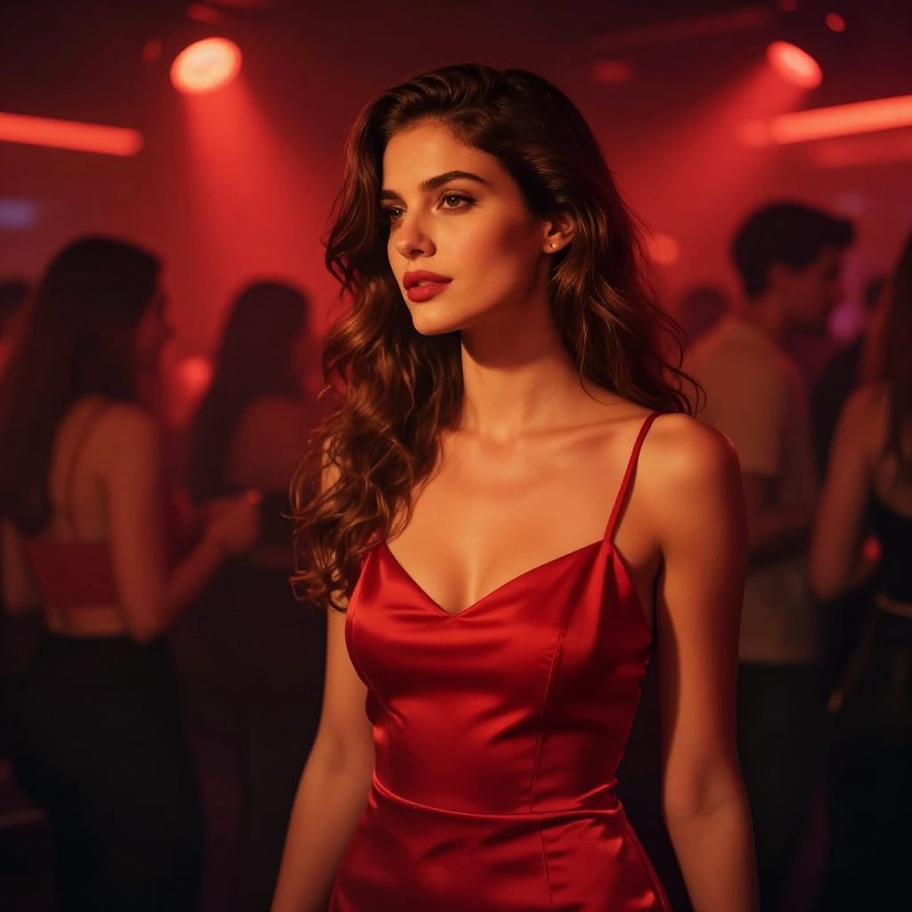 A woman with long, wavy brown hair stands in the foreground of a dimly lit nightclub, her form-fitting red spaghetti-strap dress catching the warm glow of ambient lighting. The background features blurred silhouettes of other patrons, creating depth and focus on the subject. Rendered in photorealistic digital photography with cinematic lighting effects, the image captures a highly detailed, smooth texture with lifelike fabric weave and skin tones. Warm red and orange spotlights from overhead fixtures create a moody, energetic atmosphere, enhancing the vibrant color palette dominated by rich reds and oranges. The composition centers the woman with layered background elements that recede into shadow, while the lighting emphasizes her form and the dress’s subtle sheen. The overall feeling is sensual, immersive, and electrifying, evoking a moment of quiet glamour beneath the pulsing lights.