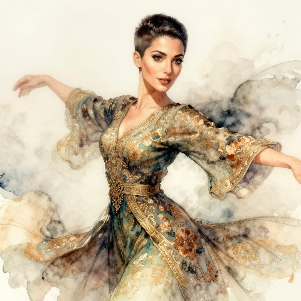 Ink-and-watercolor illustration of a 35-year-old Moroccan woman at eye level, her short slicked-back undercut hair framing her face with precision. Her large, expressive eyes glow with warmth and quiet intensity, their deep brown irises reflecting the soft light. She twirls gracefully in a flowing, intricate dress woven with delicate floral patterns in muted greens, golds, and earthy browns, its fabric catching the atmosphere with soft folds and subtle texture. The composition centers her dynamic movement, arms outstretched as if embracing light or motion. Warm, diffused lighting bathes her skin in a gentle glow, highlighting the smooth contours of her face and the delicate sheen of her hair. The watercolor background blends softly with atmospheric haze, while ink outlines define key features—her eyebrows, lips, and dress—adding depth and contrast. The overall feeling is one of serene elegance, cultural pride, and luminous grace, captured through the fluidity of watercolor and the precision of ink detailing.