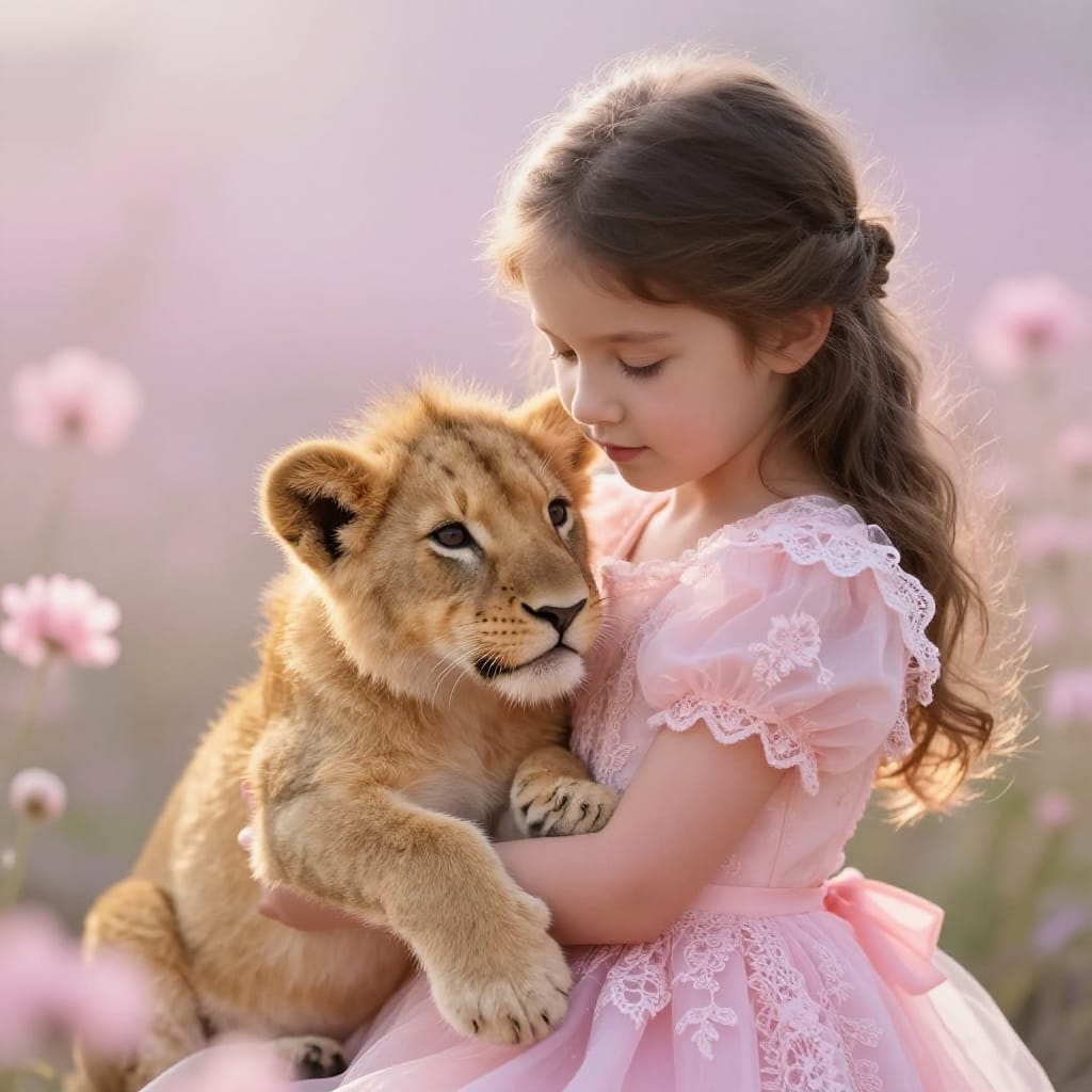 A close-up image of a young girl in a delicate pastel pink gown adorned with intricate lace and floral details, holding a calm lion cub. The girl has a gentle expression and princess-like poise, her soft fabric catching warm light. The lion cub, with a golden-brown coat and wide eyes, rests gently in her arms. The background dissolves into a dreamy, out-of-focus scene of soft, glowing pink flowers and misty light, creating a serene and enchanting atmosphere. The medium telephoto lens compresses the scene slightly, enhancing depth with subtle bokeh. Soft, natural lighting bathes the subjects in a warm, ethereal glow, highlighting the delicate textures of lace, fur, and fabric. The composition follows the rule of thirds, with the girl and cub centered slightly off-center to the right, drawing the eye to their quiet interaction. The color palette is a harmonious blend of soft pastels—pink, gold, and pale lavender—creating a timeless, magical moment of tenderness and wonder.