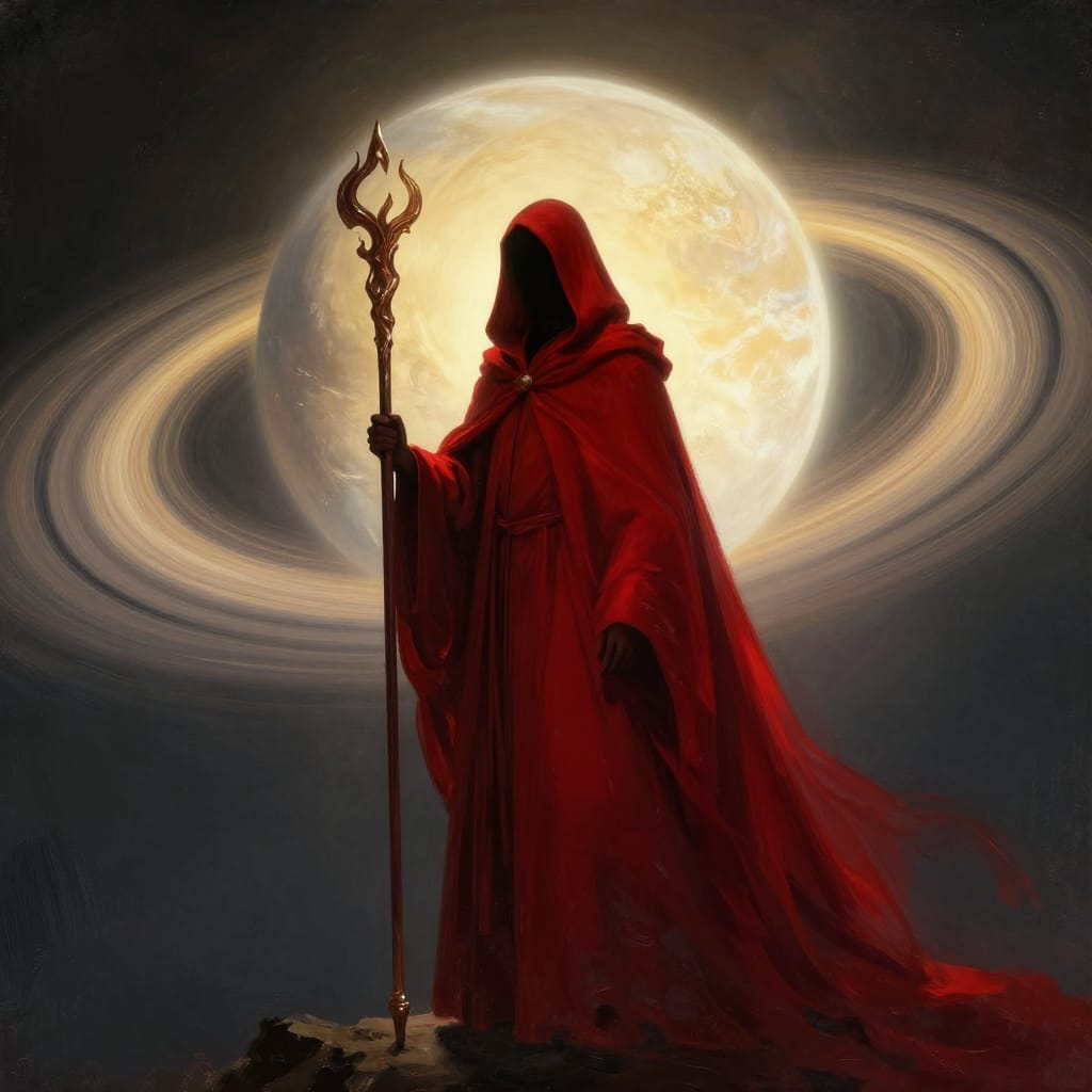A digital art painting depicting a cloaked figure standing against a vast, ringed planet. The figure is shrouded entirely in a deep red, flowing cloak rendered in smooth, flowing brushwork that conveys both weight and ethereal grace. The staff held in a poised, commanding grip is rendered with precise detail, its form leading the eye upward to the luminous rings of the planet. The background features a massive, partially illuminated planet with concentric rings glowing softly in golden light, casting a warm, ethereal glow that reflects onto the figure’s cloak and enhances its three-dimensional depth. The lighting is dramatic and directional, creating sharp contrasts between shadowed areas and radiant highlights that emphasize the figure’s presence and the planet’s otherworldly majesty. The color palette is rich and atmospheric: deep red dominates the cloak, while the planet’s rings provide a warm gold glow, complemented by cool grays and blacks that anchor the scene in mystery. The composition places the figure in the lower foreground, anchoring the composition with a sense of grounded power, while the planet stretches into the upper background, creating a sense of scale and wonder. The overall atmosphere is one of mystical authority, quiet anticipation, and cosmic power, evoking a feeling of timeless guardianship against the vastness of space.